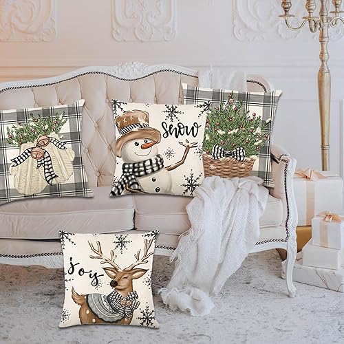 Miniatura 5 de Juego de 4 fundas de almohada de Navidad de 20 x 20 pulgadas, decoraciones navideñas de granja, decoración de Navidad, guantes de reno, árbol,