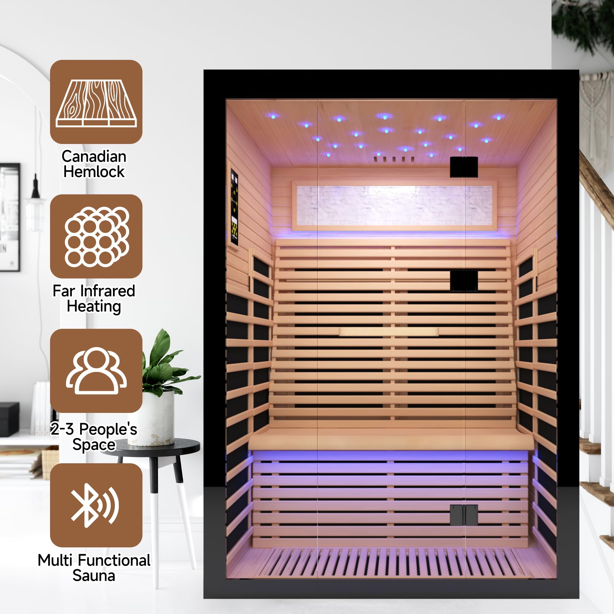 SUNTAGE Luxuriöse große Ferninfrarot-Sauna für Zuhause, kanadische Hemlock-Holzsauna mit 8 Epoxid-Heizplatten, 2160 W hohe Leistung, Sternenlicht und zweifarbiger Streifen, 150 kg Belastung