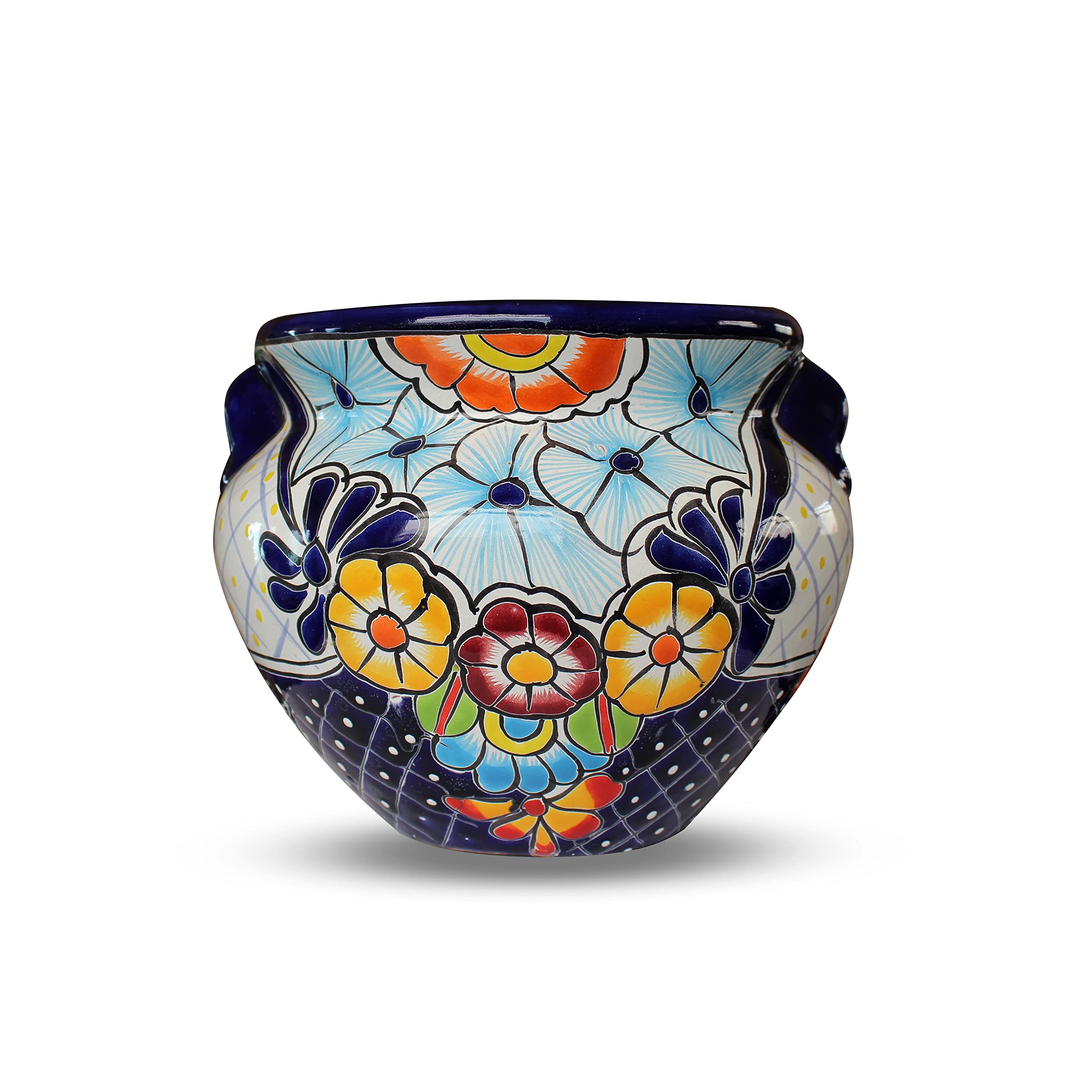 evergreen garden talavera mexican pottery ceramic 12 in. blue floral chata | flower pot plant succulent | indoor outdoor