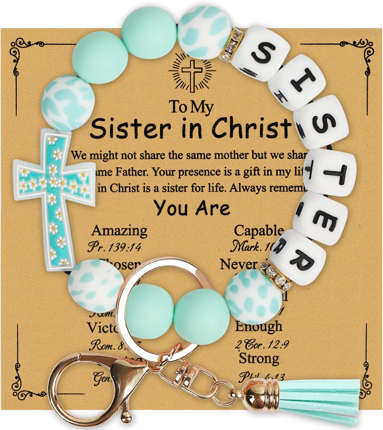 Sister Gifts,Cross Silicone Bracelet Wristlet Keychain with Card & Envelope for Birthday Christmas