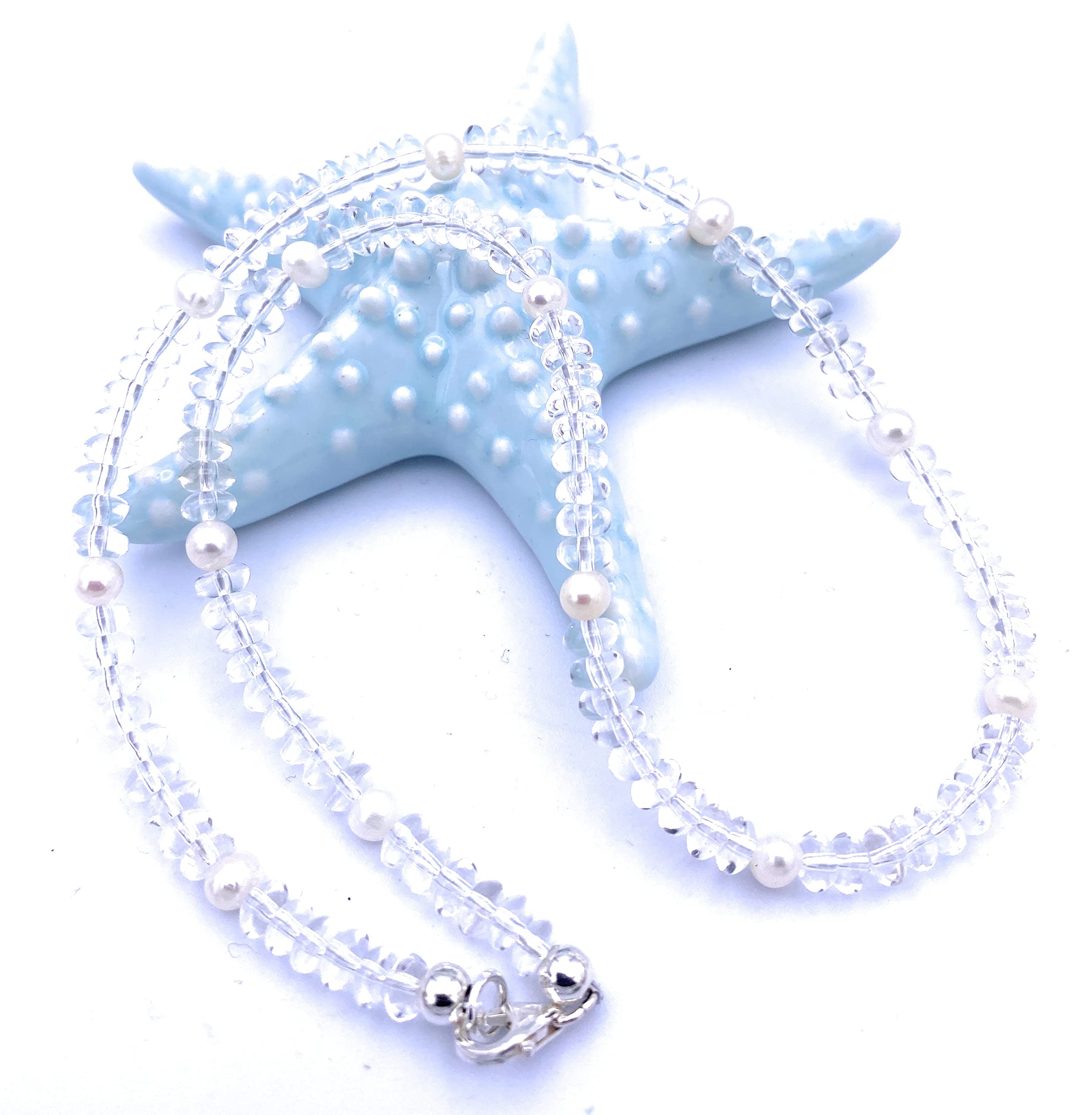 Bergkristall Schmuck (Halskette) Bergkristall Kette mit Süßwasserperlen Verschluss 925er Sterling-Silber Modellnummer 255A