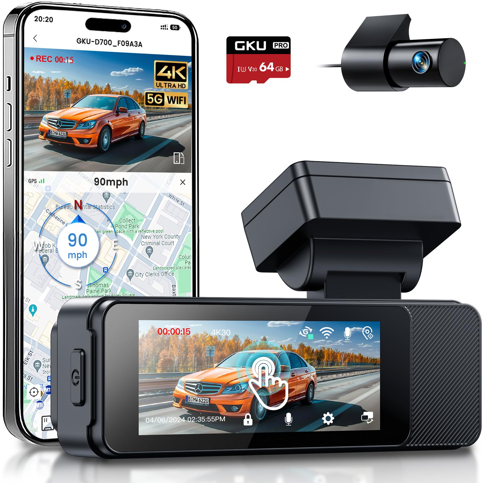 GKU Dash Cam Front and Rear, 4K+1080P Dashcam for car, Built-in 5G WiFi, GPS, 64GB SDcard Included, Touch Screen 3.18 Inch, 24H Parking Monitoring, WDR, Super Night Vision, Support max to 512GB-image-47
