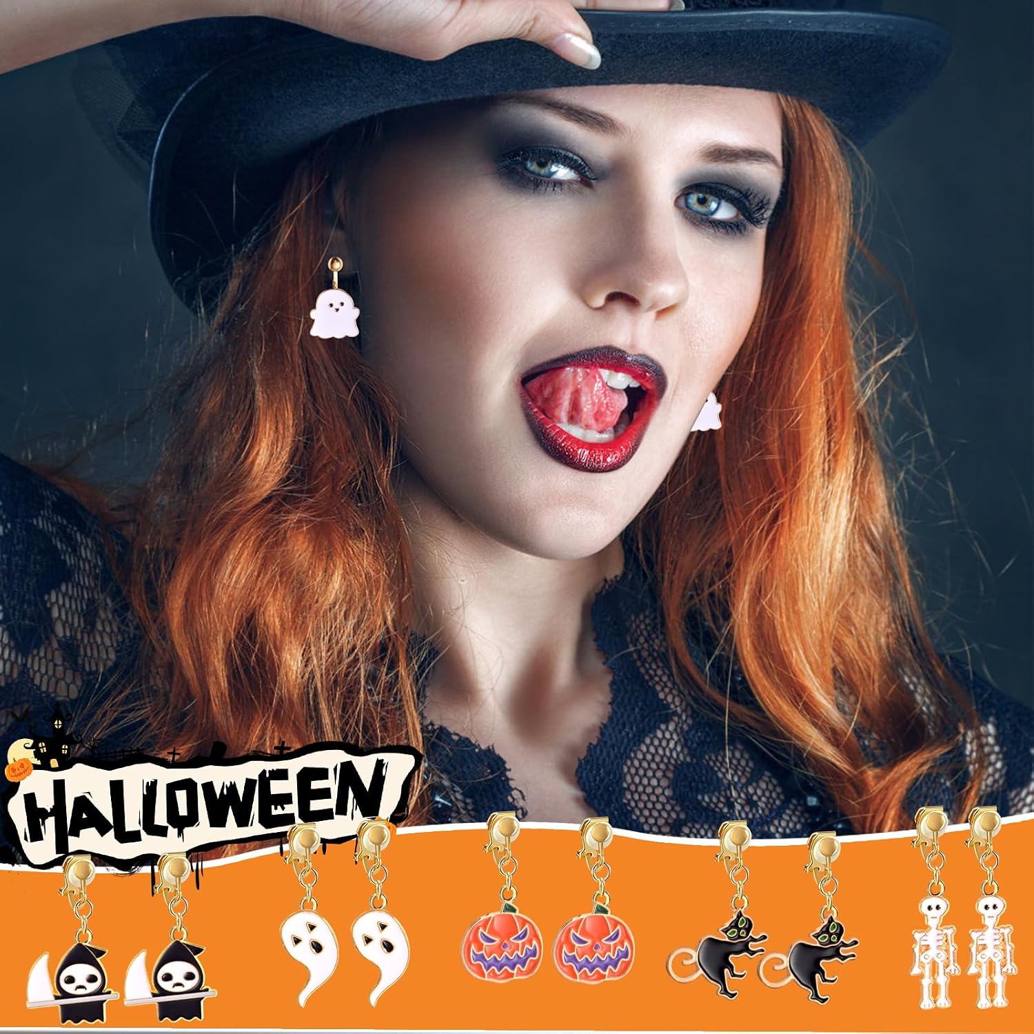 DEVIENG Clip On Halloween Earrings Gift for Women Girls, 20 Pair Hypoallergenic Skeleton Spider Skull Black Cat Bat Ghost Pumpkin Hat Fun Clip Earring for Halloween Party Jewelry Accessories