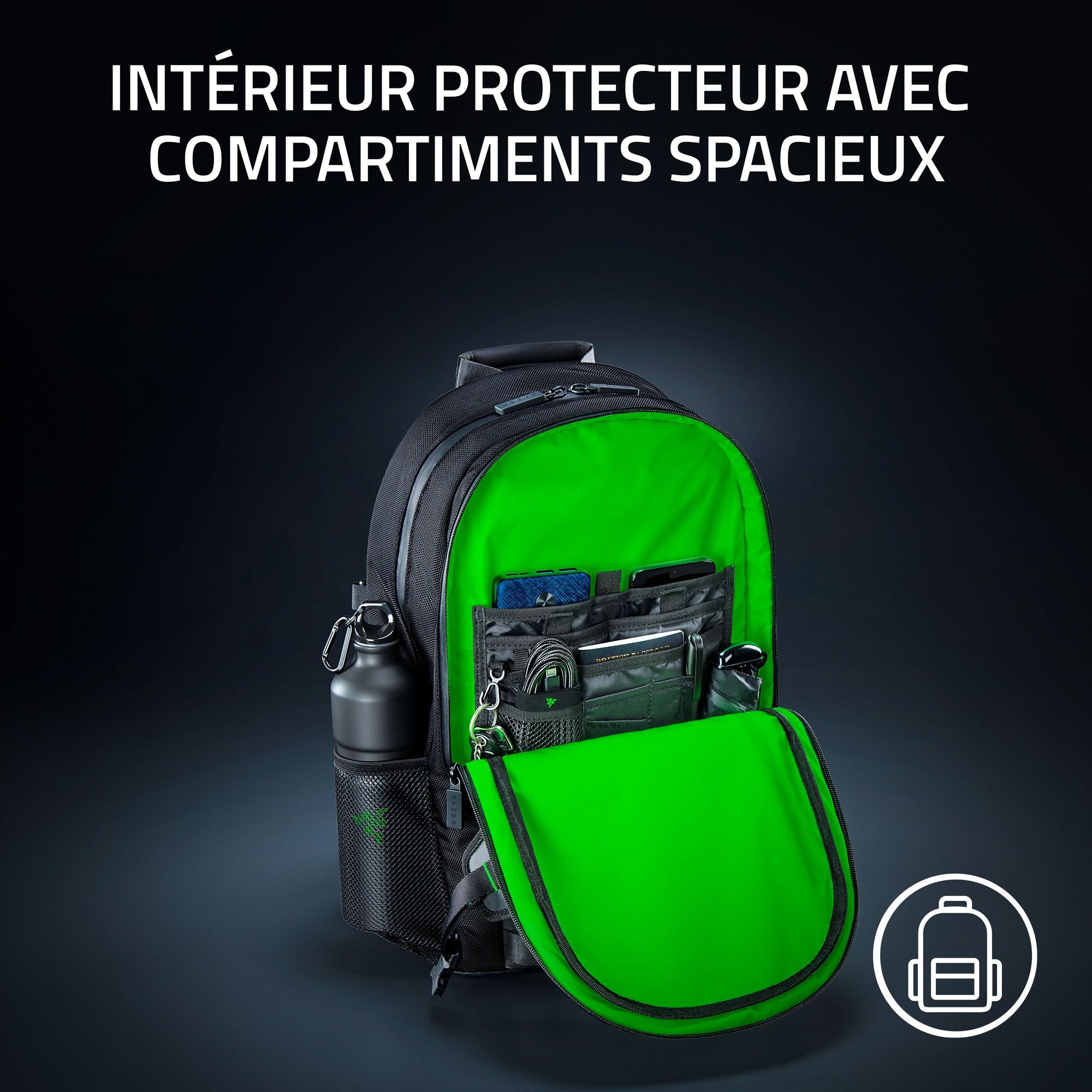 Razer Rogue V3 Backpack (15.6") - Sac à Dos de Voyage Compact (Compartiment pour Ordinateur Portable jusqu'à 15 Pouces, résistant à l'usure, Housse extérieure en Polyester) Noir/Chroma