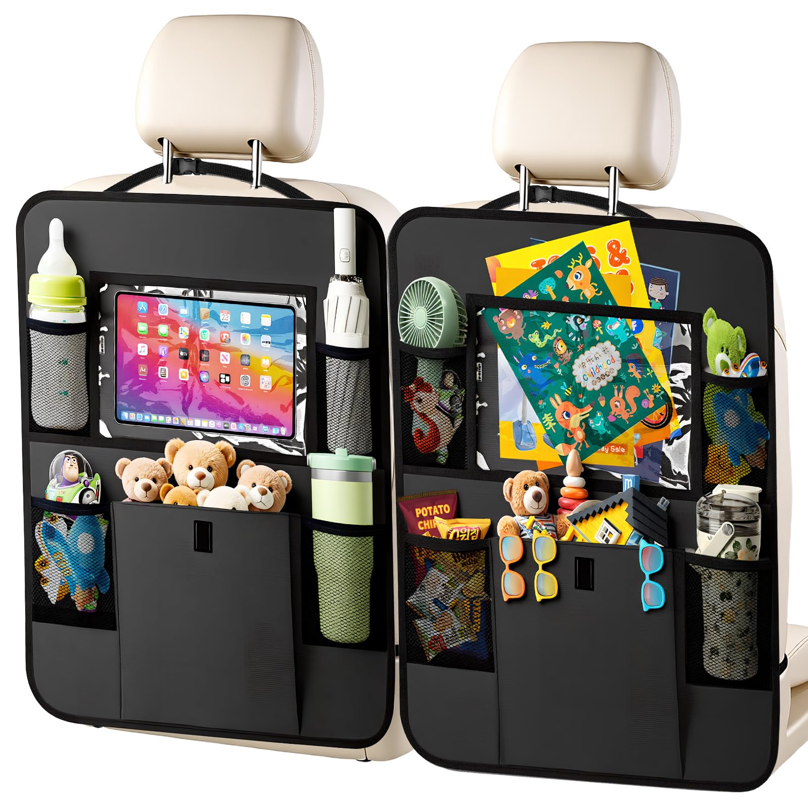 Car Backseat Organizer with Tablet Holder, 6 Storage Pockets Seat Back Protectors Kick Mats for Kids, Car Seat Protector for Road Trips 2 Pack (Black)