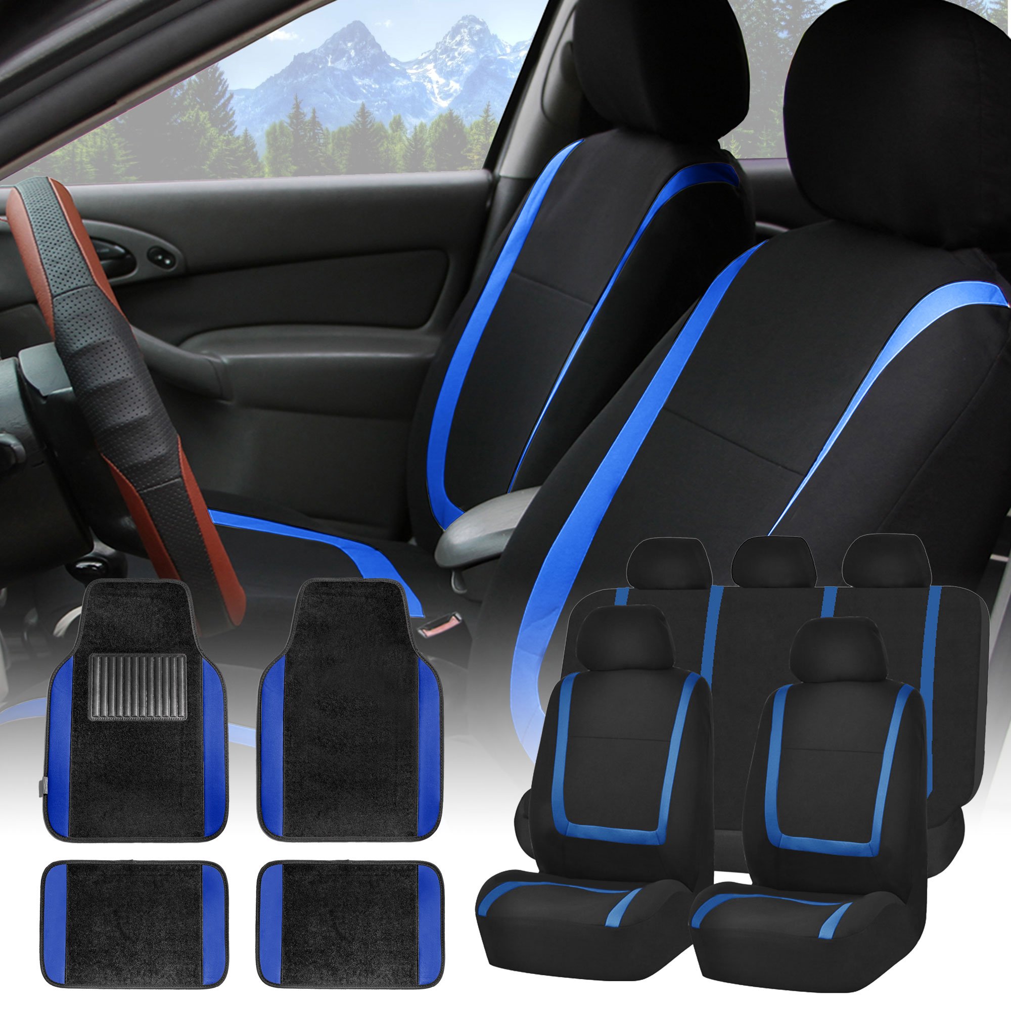 Photo 1 of FH Group Unique Flat Cloth Seat Covers with Premium Carpet Floor Mats- Fit Most Car, Truck, SUV, or Van (Blue/Black) FB032115- F14407