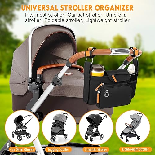 Miniatura 7 de Organizador universal para cochecito con portavasos aislado y soporte para teléfono, bolsillo grande, se adapta a la mayoría de cochecitos como Baby