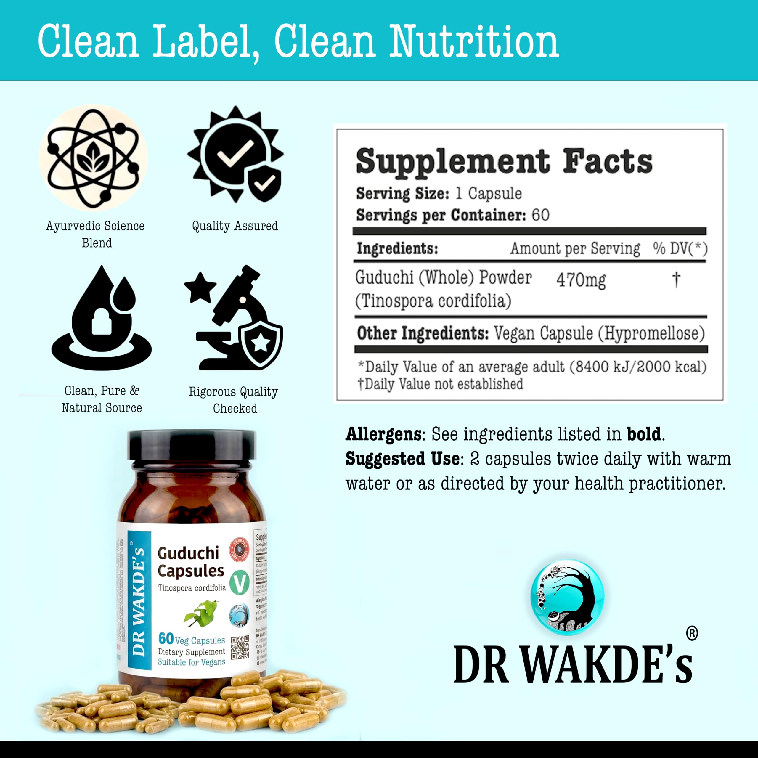 DR WAKDE'S Guduchi Kapseln – Giloy (Tinospora cordifolia) 500 mg | 60 Vegane Kapseln | Immunsystem & Wohlbefinden | 100% Reines Ayurvedisches Kräuterpulver | Ohne Zusatzstoffe | Vegan & Vegetarisch