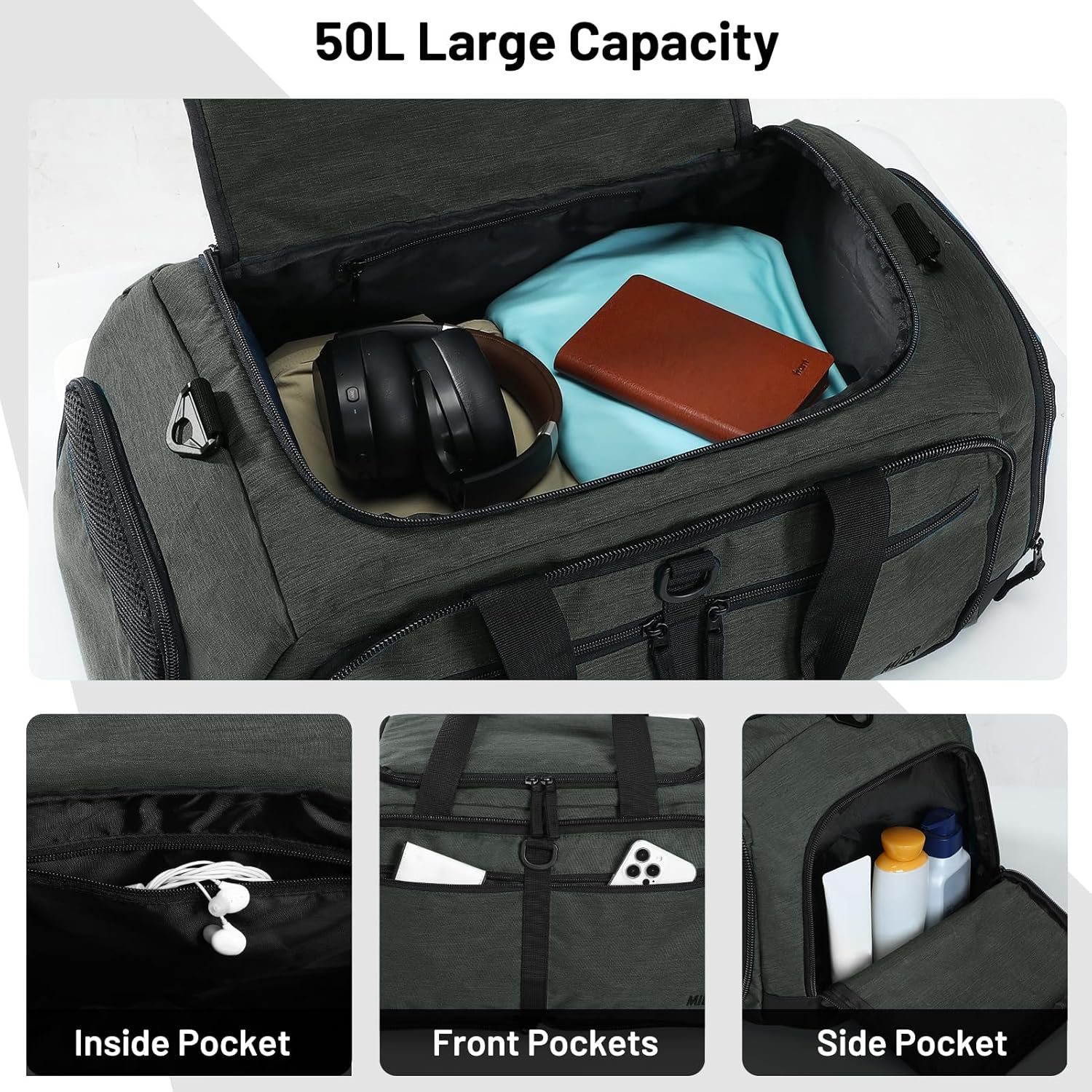 MIER Foldable Duffle Bag with Shoe Compartment 50L Travel Duffel Bags for Men Women Packable Overnight Bag for Camping Gym Weekender, Green Gray - Image 4