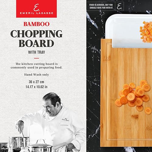 Miniatura 5 de Emeril Lagasse Tabla de cortar de bambú con plato extraíble multifunción, gran regalo para el día de la madre, antideslizante y colgante