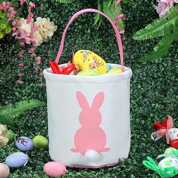 OneCut Easter Bunny Basket Bags, Easter Bunny Bags with Fluffy Tail, Easter Bunny Bags Children, Easter Basket Carry Bags, Easter Baskets for Kids Egg Hunt, Party Decoration, Toys (Pink)