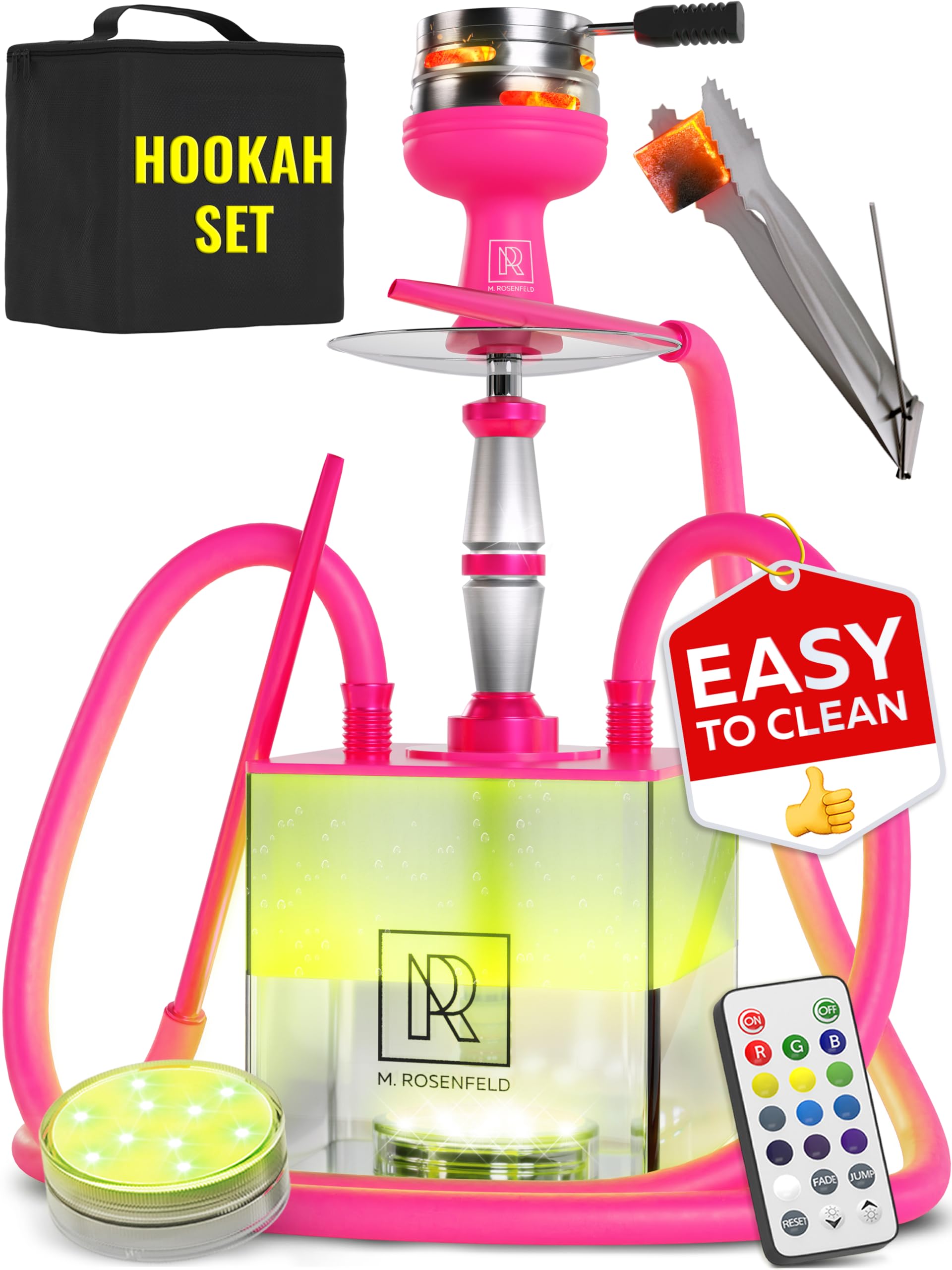 Hookah Set with Everything - Pink Hookah 2 Hose Hookah Set - YADO Square Hookah To Go with Hooka Charcoal Holder and Big Silicone Pink Hooka Bowl and Bag for Shisha Hooka Set