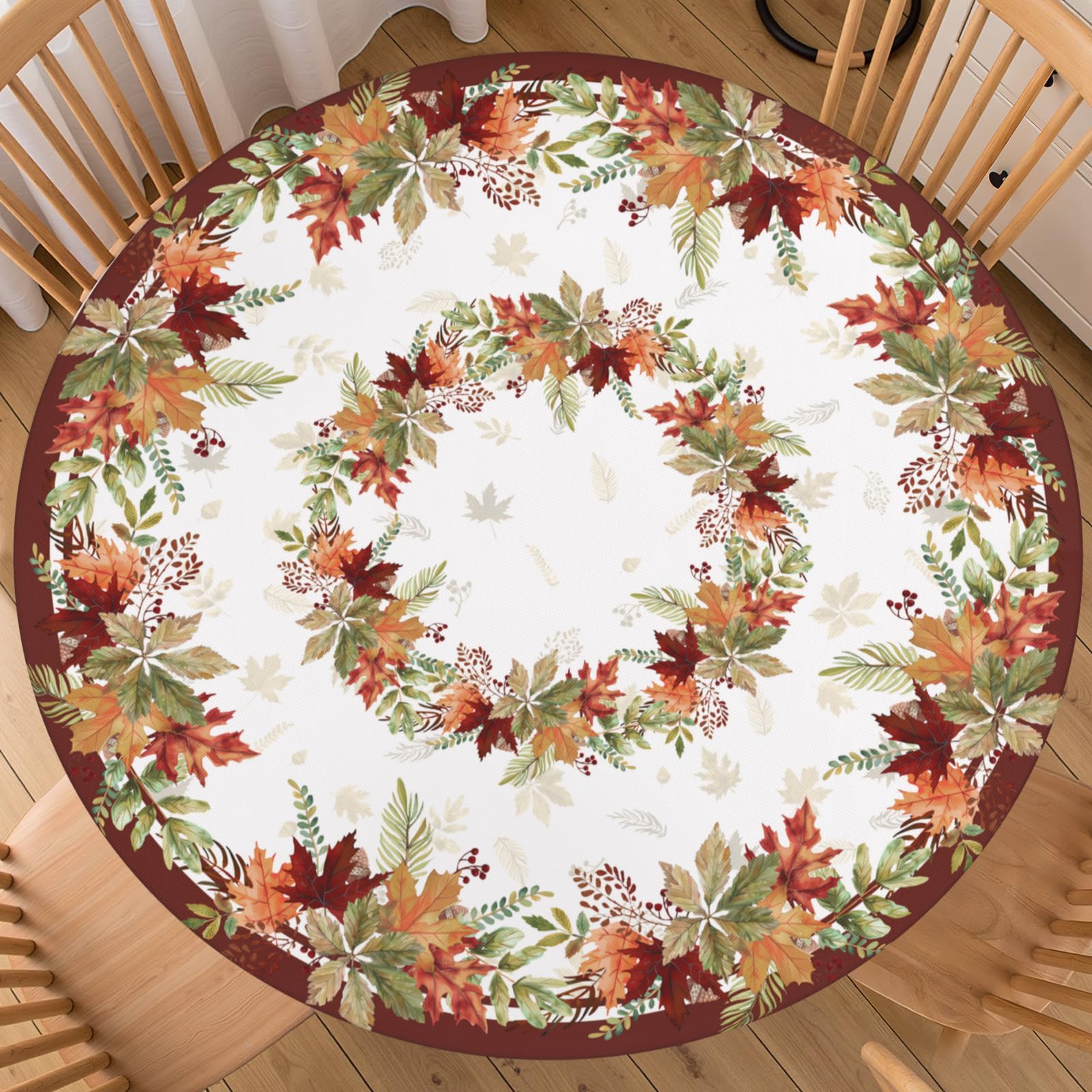 FJQWKLF Fall Leaf Round Fitted Tablecloth with Elastic Edge Autumn Harvest Maple Leaves Bordered Table Cover for 56"-60" Thanksgiving Rustic Stretch Table Cloth for Dining Room Party Picnic