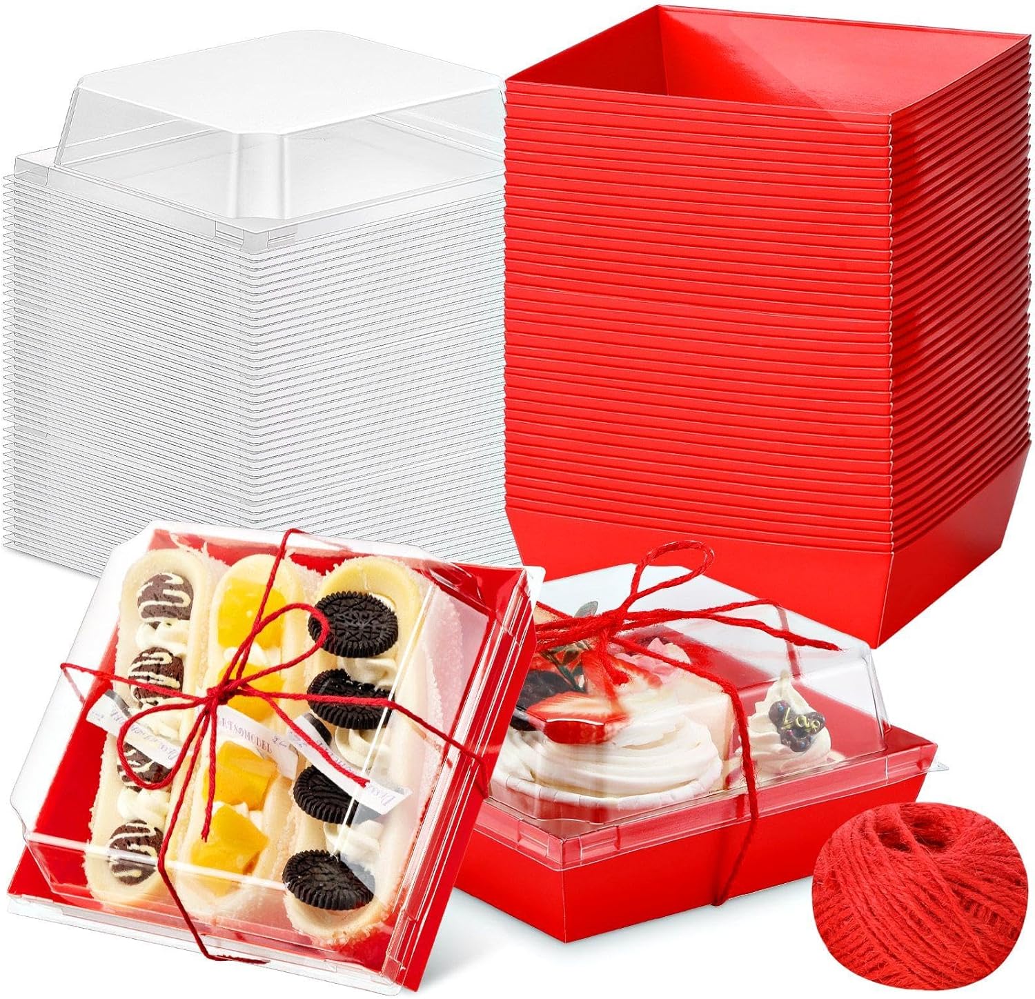 200 Pcs Charcuterie Boxes with Clear Lids 5'' Disposable Square Dessert Boxes Paper Food Box Bakery Containers for Party Cake Cookie Sandwich (Red) Red 200