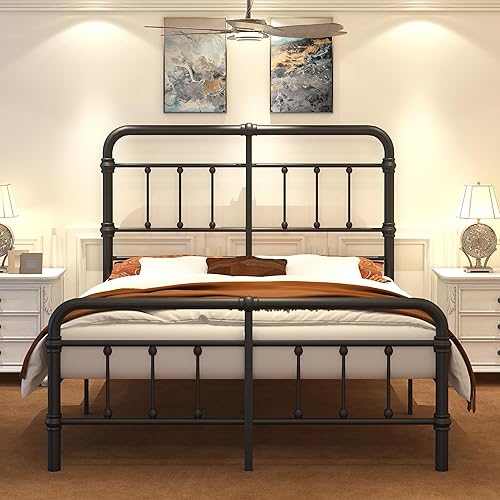 King-Size-Bed-Frame-with-High-Headboard - Metal Bed Frame No Box Spring Needed(Black,49 inch Headboard)