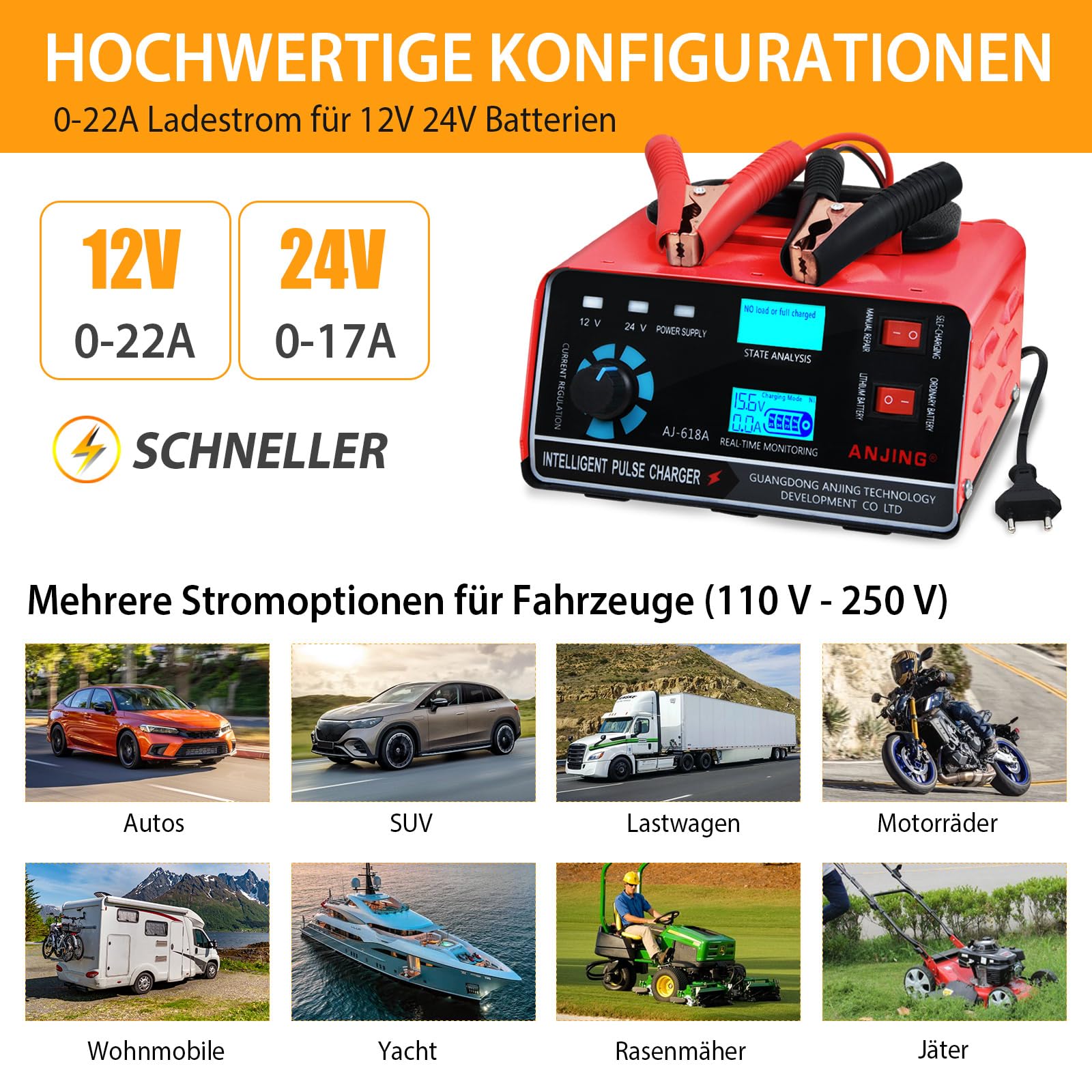 400W Autobatterie Ladegerät 22A 12V/24V KFZ Batterieladegerät Auto Vollautomatisches Intelligentes Geeignet für Autos Motorräder Pkw LKW