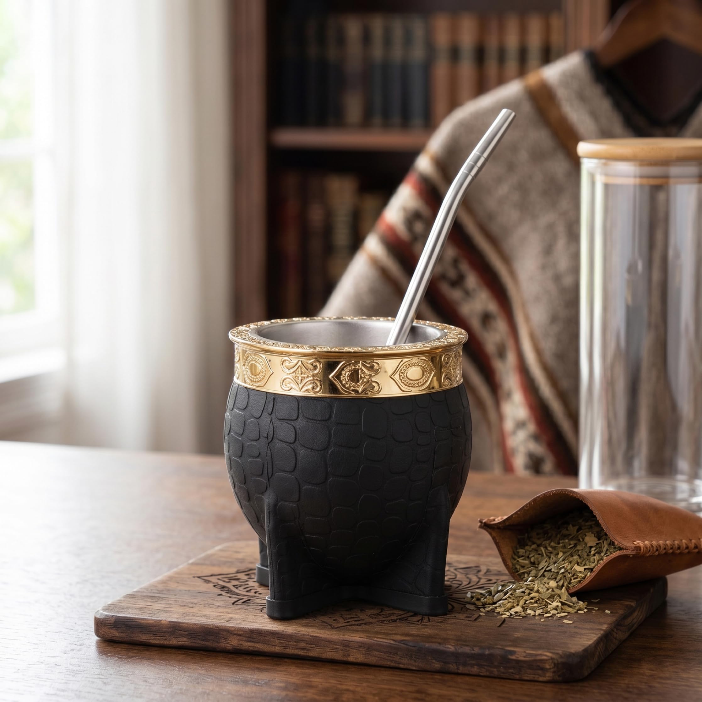 Mate argentino, Coppa Mate argentino imperiale nero - Zucca in acciaio inossidabile con bordo intagliato e cannuccia, isolata per bevande calde/fredde, termine per