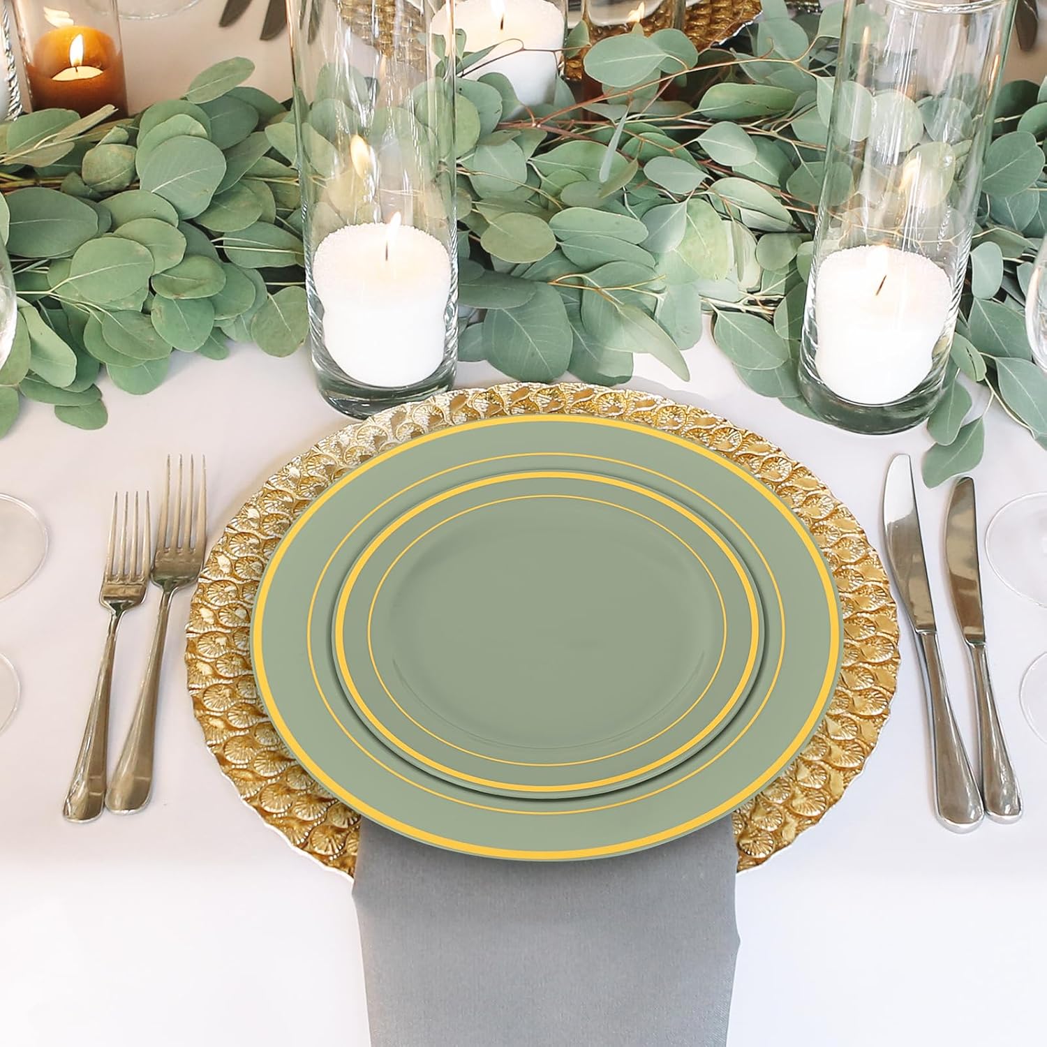 Whaline 50Pcs Sage Green Plastic Plates Gold Foil Bordered Disposable Plates Decorative Dinner Dessert Plates for Bridal Shower Wedding Party Supplies Table Decor - Image 7