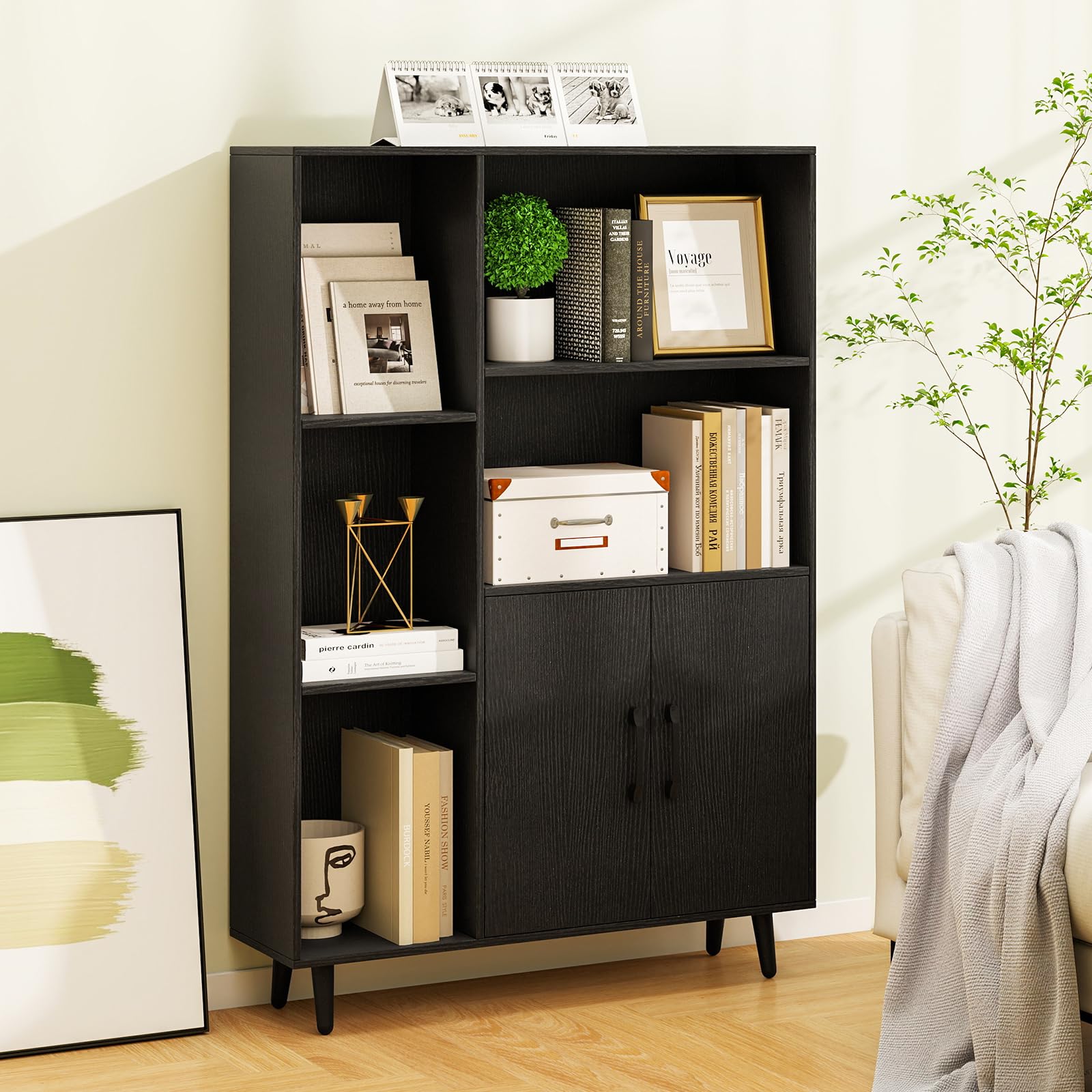 GIANTEX Armoire de Rangement, bibliothèque, étagère sur Pied, 2 Portes et 5 Compartiments Ouverts, Armoire d'appoint, vitrine, Commode, en Bois, 80 x 23,5 x 119 cm (Noir)