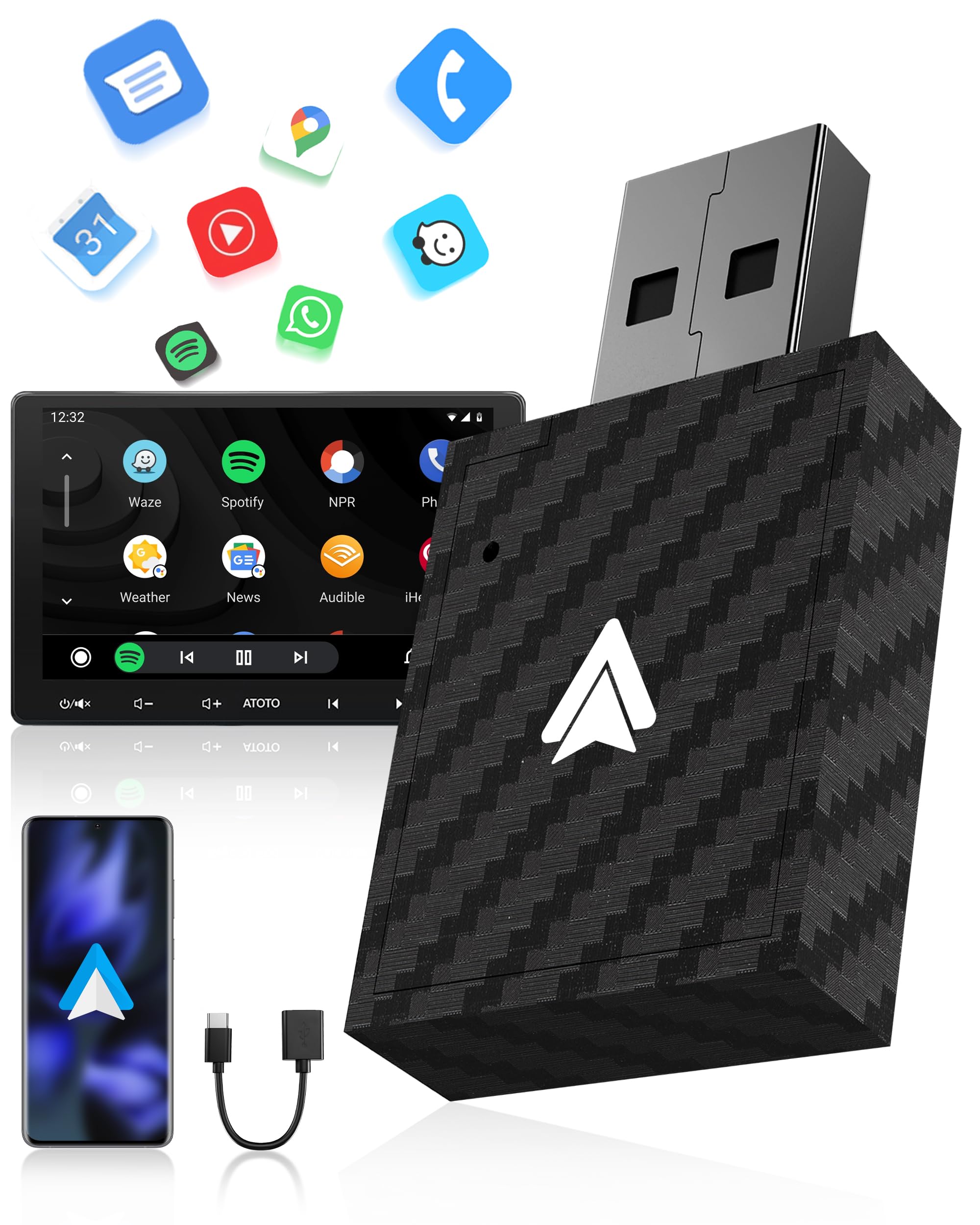 Adaptador Android Auto Inalámbrico, AA Inalambrico para Smartphone Android 11+, Bluetooth V5.3, Doble Núcleo WLAN a 5.8 GHz, Alta Velocidad y Estable