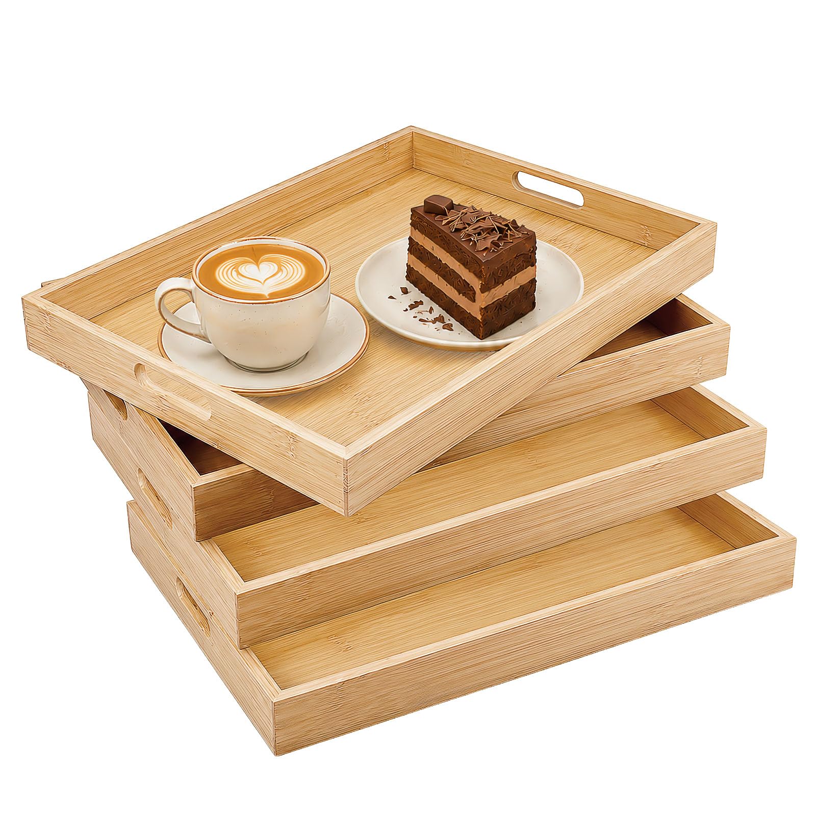 4 Pack Bamboo Serving Tray with Handles, Large Wooden Platter, 45x33x4.5cm