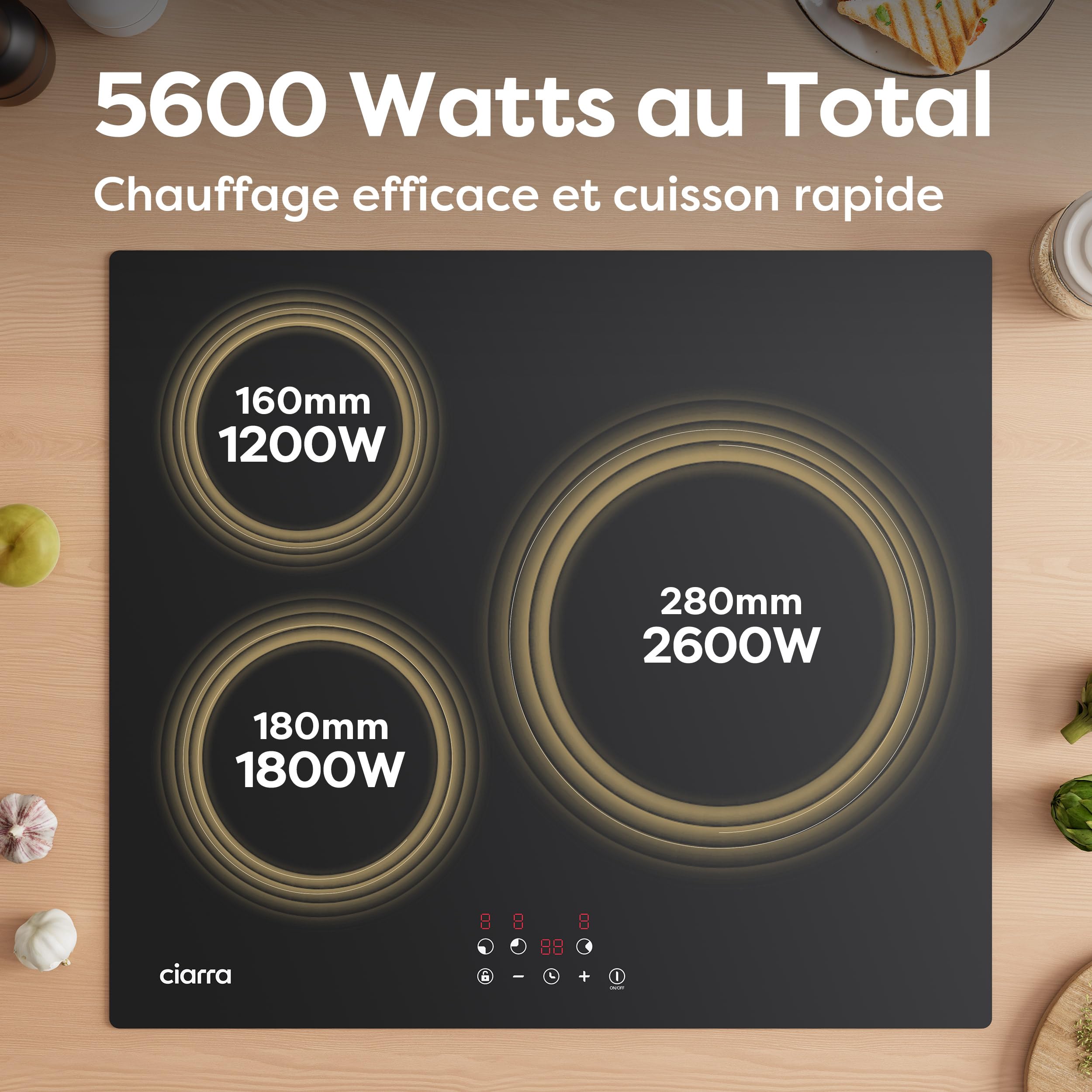 CIARRA Plaque de Cuisson à Induction - 3 Foyer 5600W - Table de Cuisson Encastrable - Commande Tactile - 9 Niveaux - CABBIH3-E