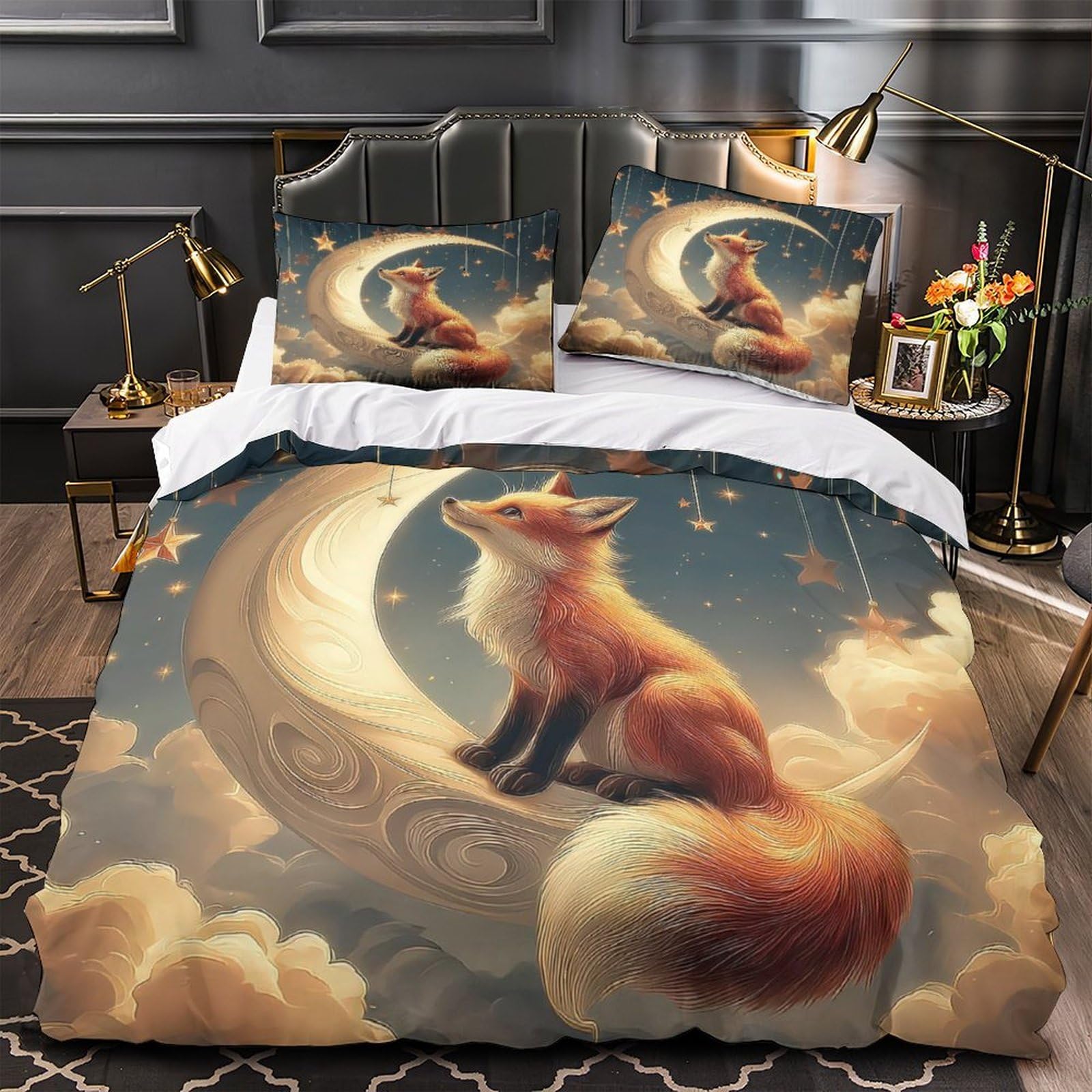 Parure de lit renard et lune fantastique pour chambre d'ado cozy 140x200