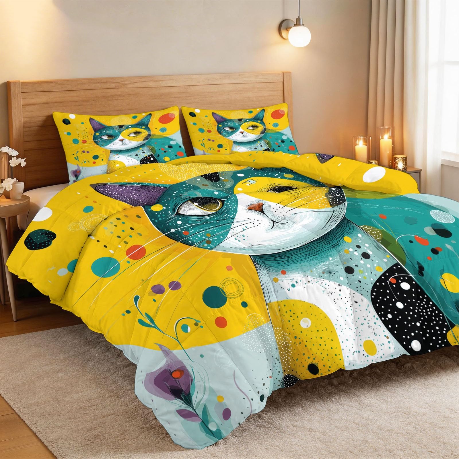 Generisch Bunte Katzen Punkte Bettdecke 155 x 220 cm 4 Jahreszeiten Steppdecke, Pop-Art Waschbare Ganzjahresdecke Schüler Jugendliche Bettwaren Set Kinderzimmer Mädchenwohnheim Bettdecke Ohne Bezug