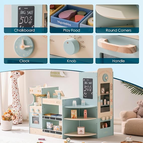 ROBUD Grocery Store Playset, Kids Play Store, Wooden Supermarket Playset | with Cash Register, Chalkboard, Vending Machine, Coffee Machine, Oven, Play Food Accessories, Gift for Boys Girls 3+