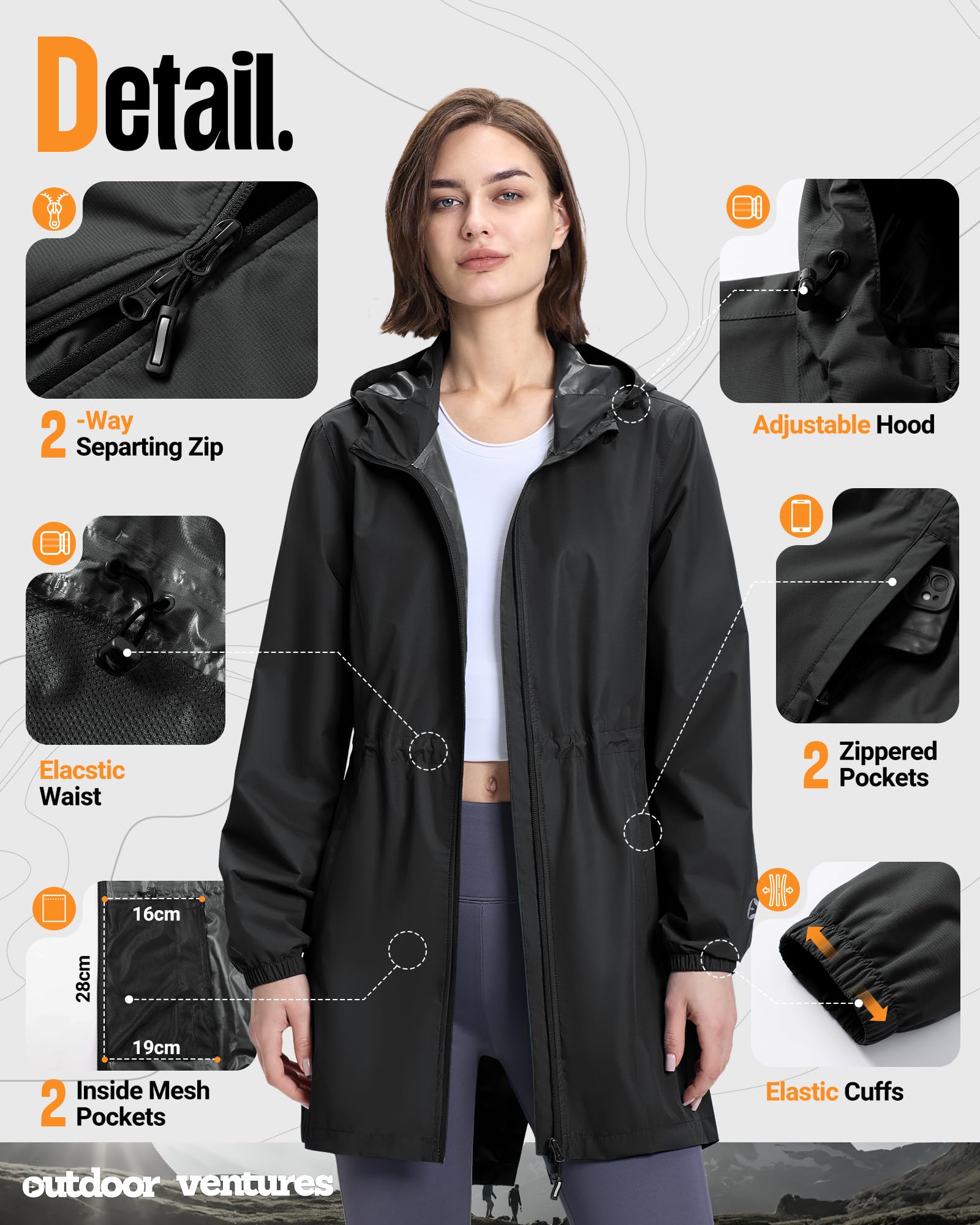 Outdoor Ventures Damska wodoodporna kurtka przeciwdeszczowa, długa, wiatrówka, kurtka przejściowa, lekka, oddychająca, kurtka outdoorowa, Raincoat parka przeciwdeszczowa z kapturem