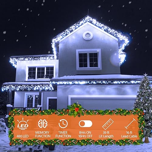 Miniatura 10 de USOKYO - Luces de Navidad 480 luces LED de 558 pies con 96 caídas 8 modos cortina de ventana luces LED de carámbano luces parpadeantes para