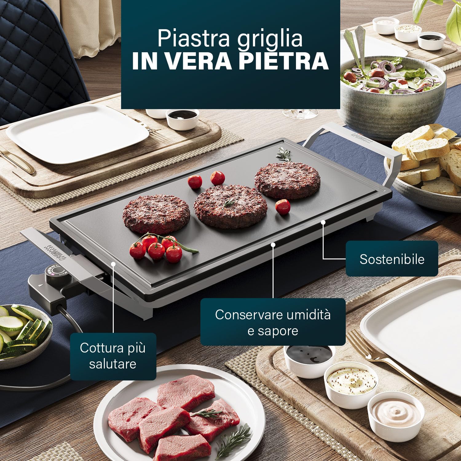Princess Table Chef Premium Griglia di pietra – Superficie di cottura extra grande 46 x 26 cm – Piastra grill in ceramica – Senza PFAS – Termostato regolabile – Incl. 4 spatole in legno – 103150