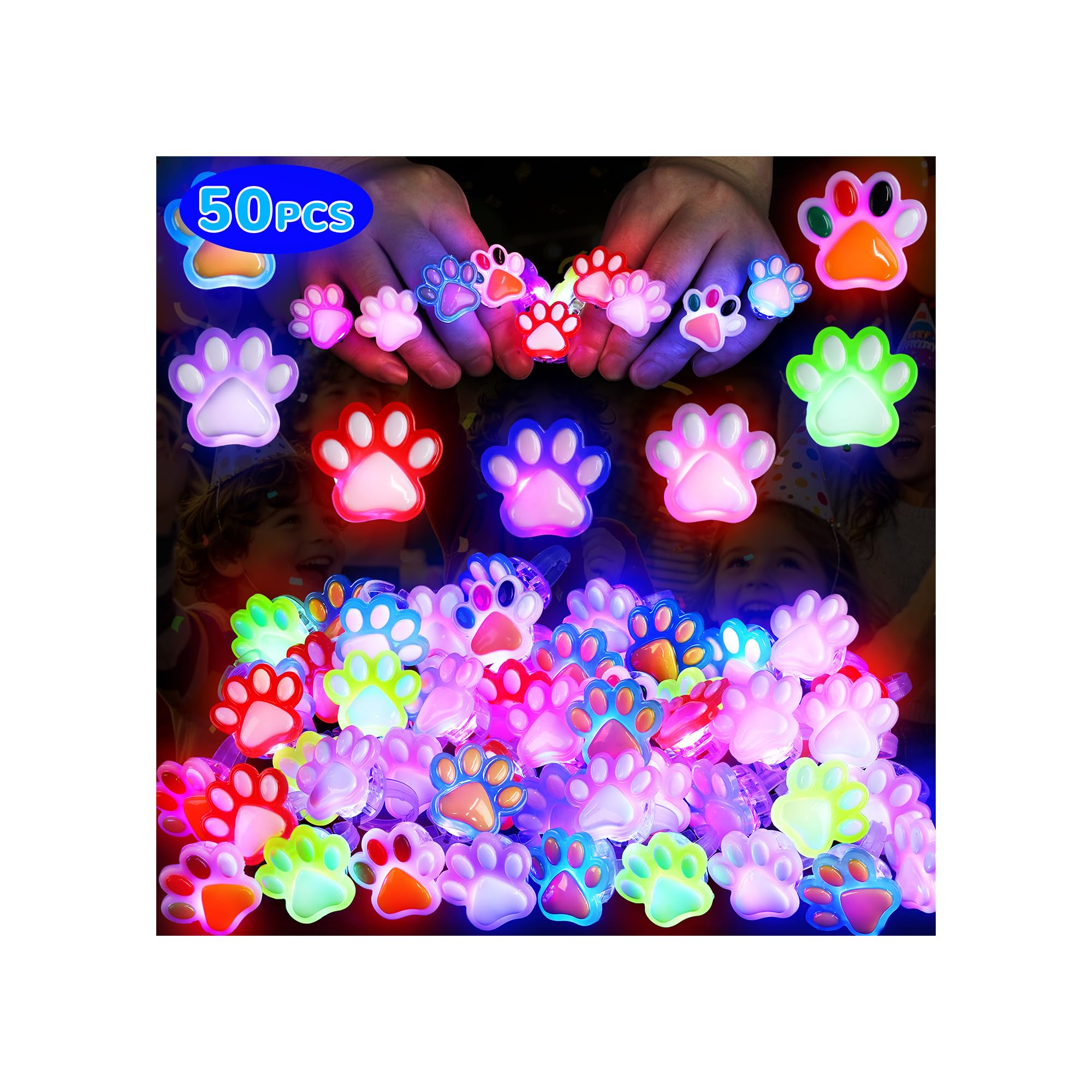 Mikulala 50 Pack Dog Paw LED Light Up Rings for Kids, Resin Glow in the Dark Rings with Candy Jelly Texture, Red & Blue Flashing Party Bag Fillers, Cute Animal Theme Birthday Favors & Prizes