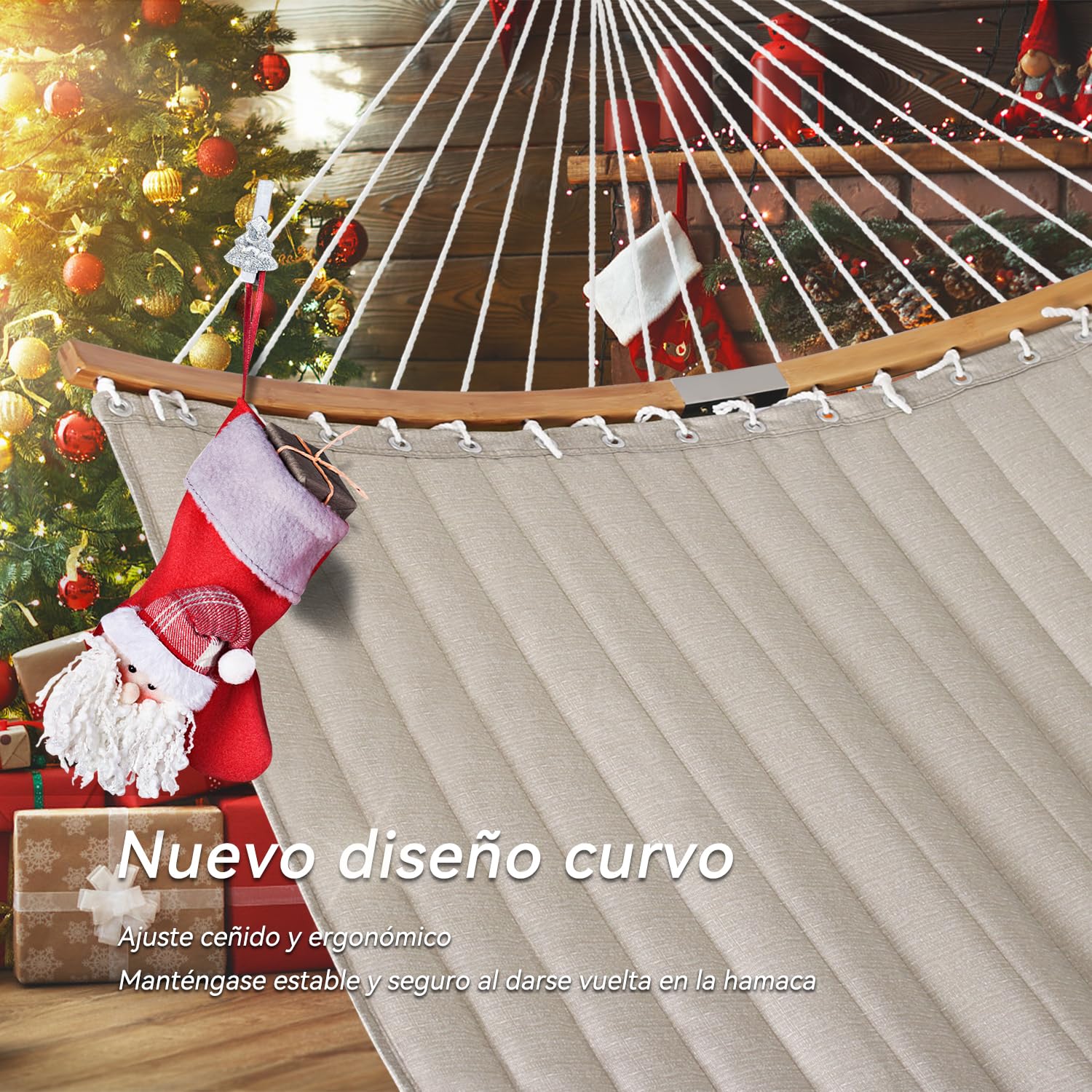Hamac Double mit 2 Crochets, Hamac 2 Personnes en Tissu Matelassé De 335 cm pour l'Extérieur avec Oreiller, Barre d'écartement Incurvée Pliable, Chaînes, Capacité de 204 Kg, Amande Blanche