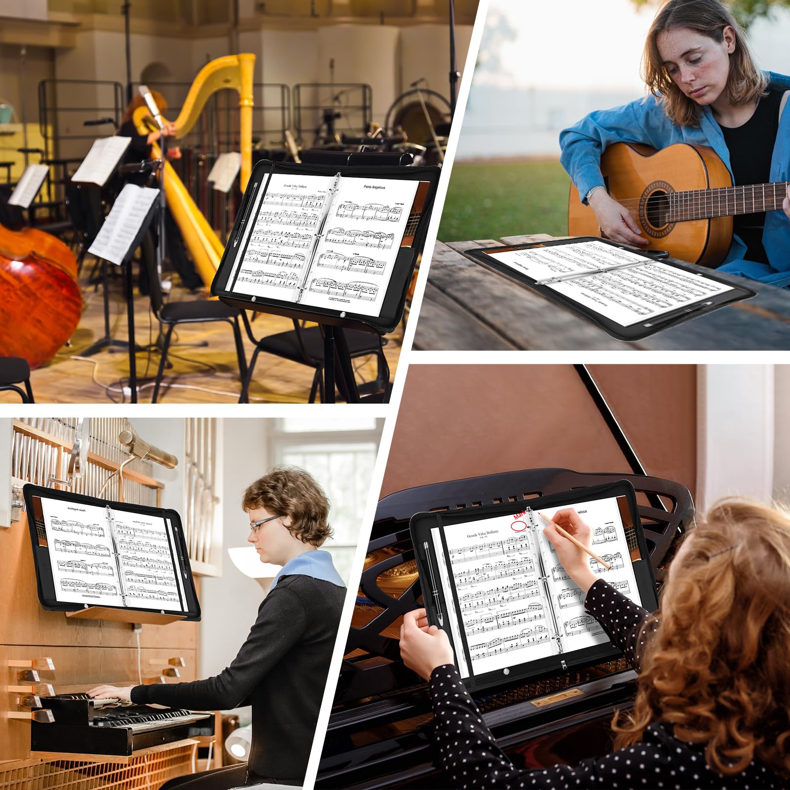 Classeur à musique pour partitions de musique avec poignée et épaule, en cuir synthétique, noir, 30 poches pour feuilles, classeur à 3 anneaux pour piano et performance sur scène
