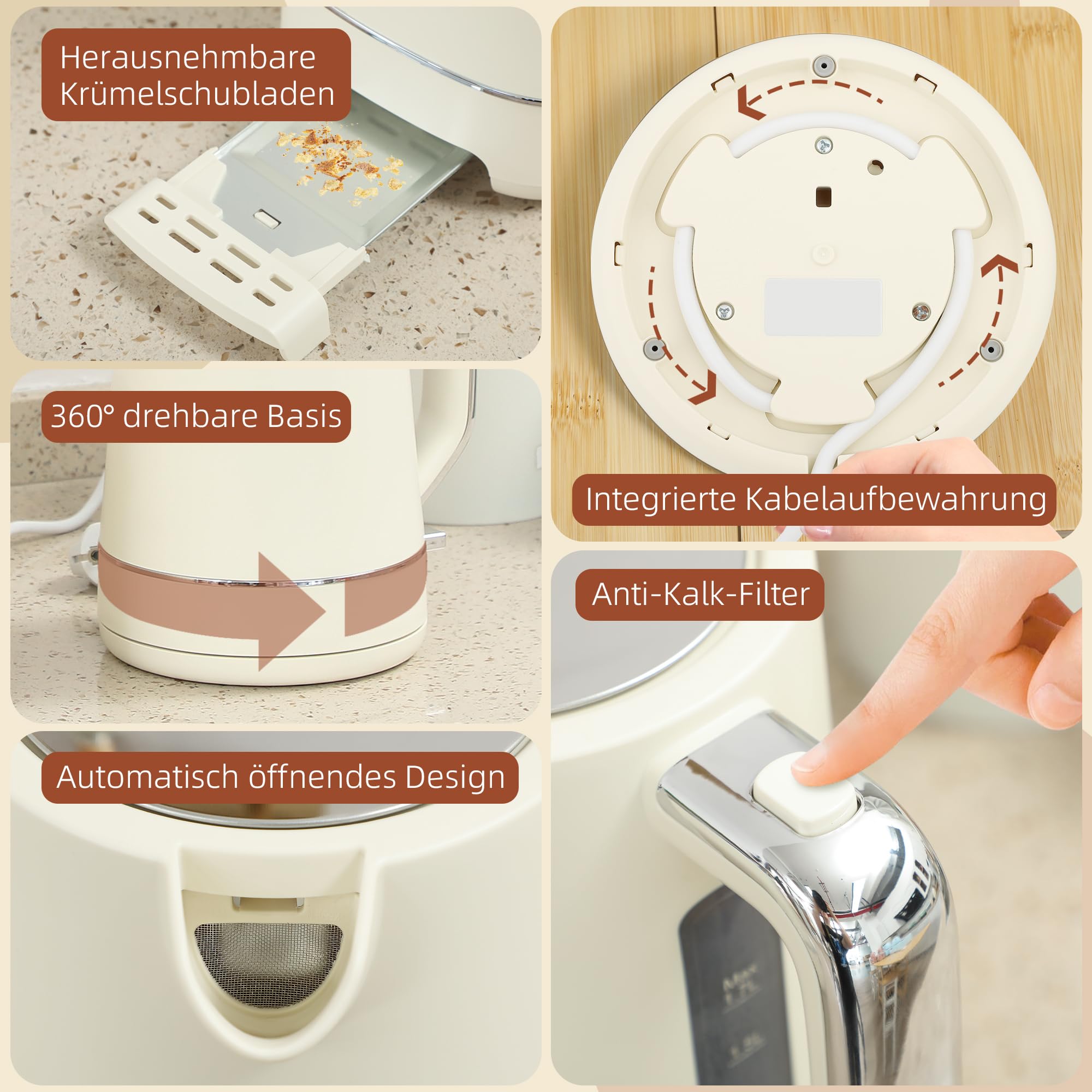 HOMCOM Hervidor Tostador 2200 W 1.7L Hervidor, tostador de 2 discos, 6 niveles de tostado, recalentar y descongelar, set de desayuno con termostato UK Otter, filtro antical y bandeja recogemigas Beige