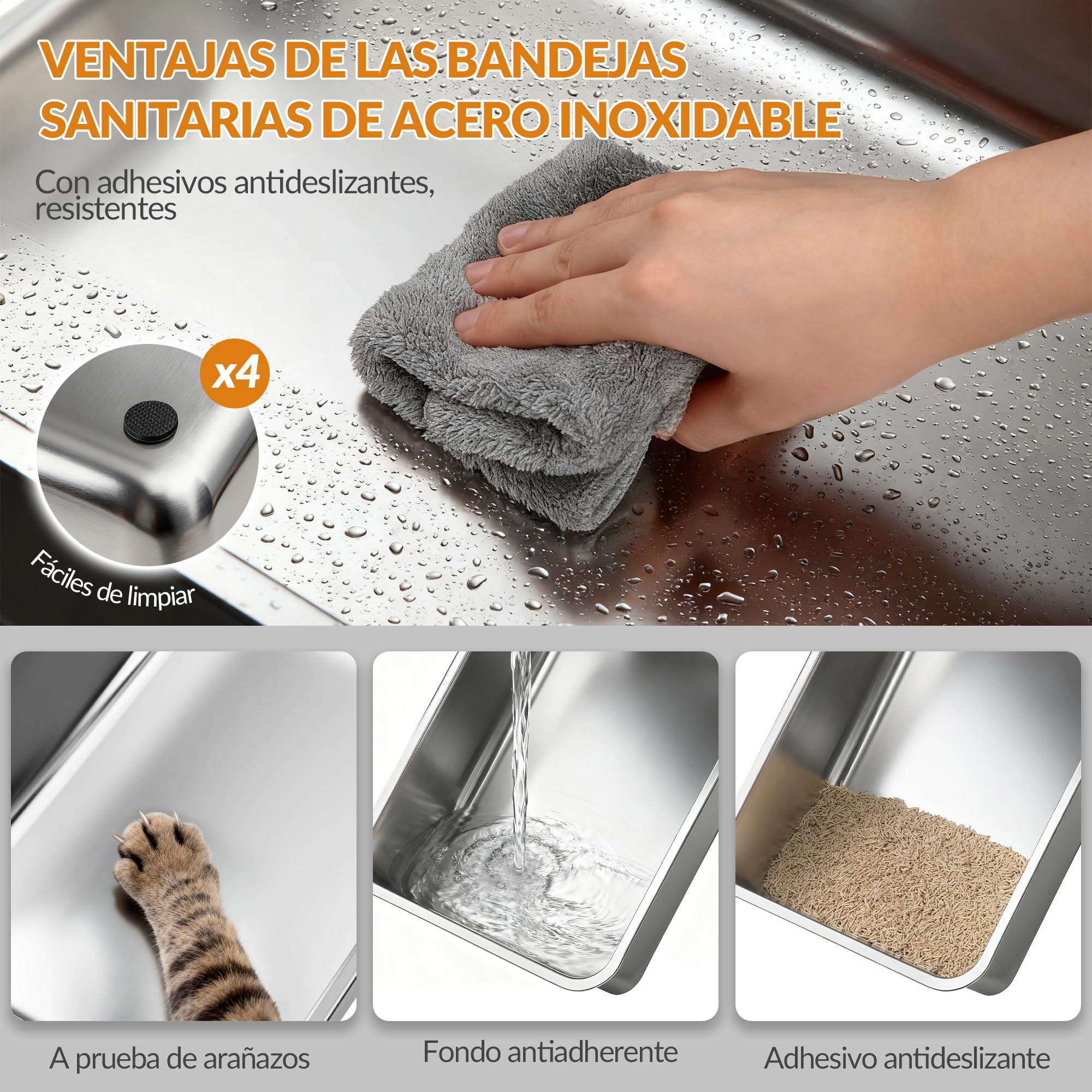 Arenero Acero Inoxidable Gatos XXL, 61 x 41 x 40 cm, Gris Oscuro | Arenero Cerrado para Gatos, con Tapa, Tapa con Bisagra de 180°, Pedal y Pala, Fácil de Limpiar, Diseño Modular FPLB203SG2
