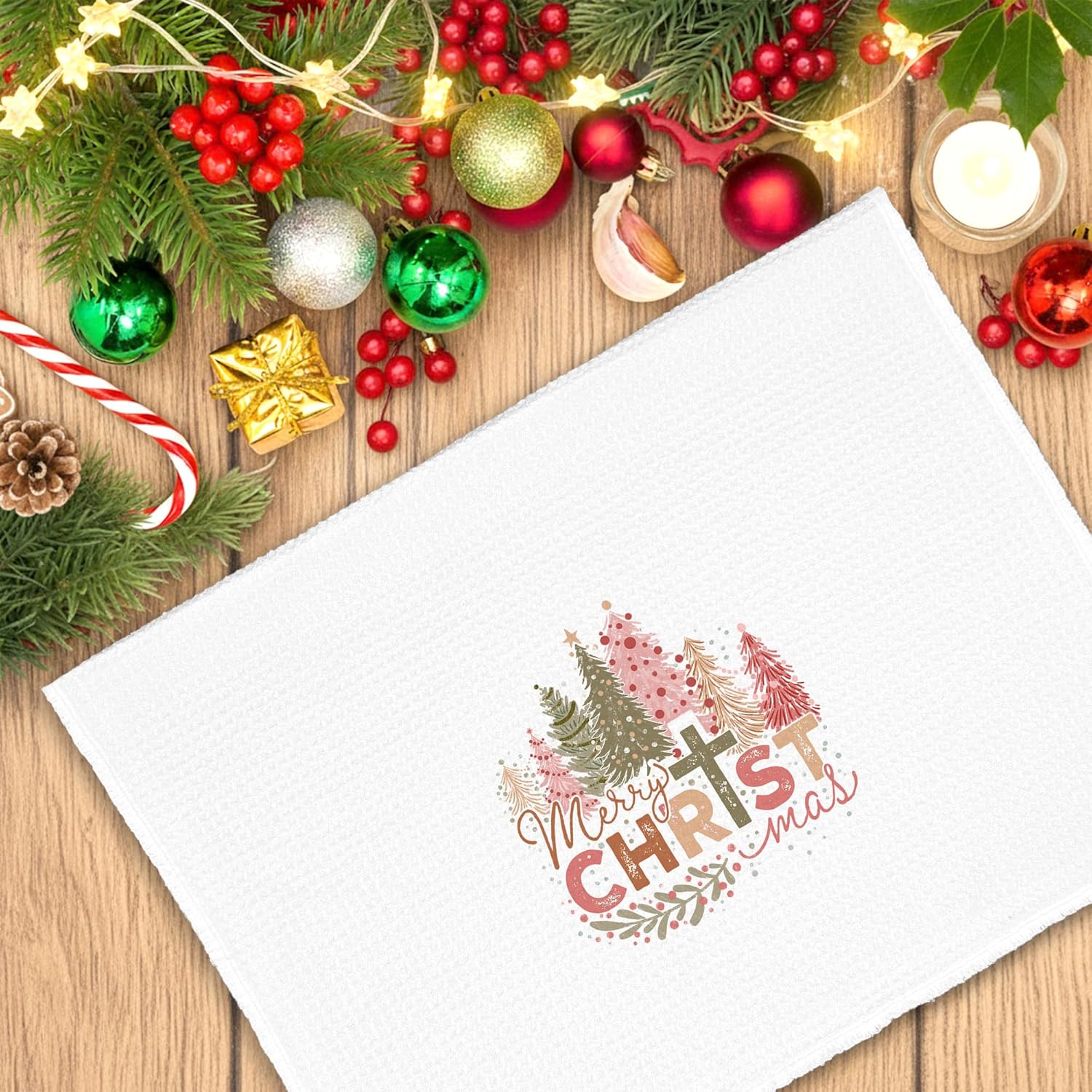 Christmas Christian Tree Kitchen Towels, Pink Hand Towels Decor for Bathroom Prayer Room, Religious Dish Towel Gifts, Rustic Tea Bar Waffle Towel for Dorm Holiday Home 16x24in - Image 7