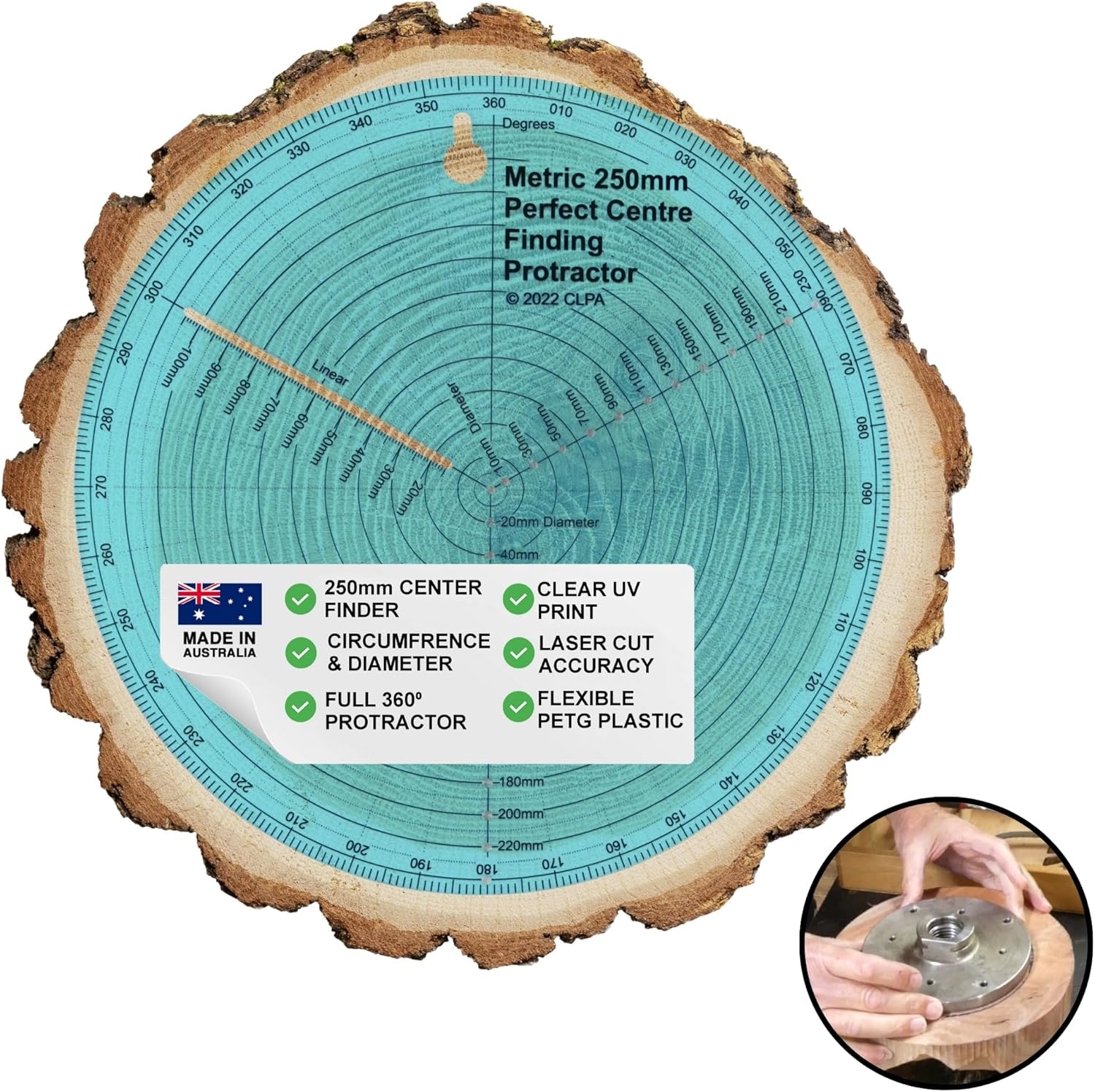 250mm Circle Center Finder Tool — Round Center Finder for Woodturning | Protractor, Circle Maker and Dowel Center Finder | Clear PETG | Made in Australia
