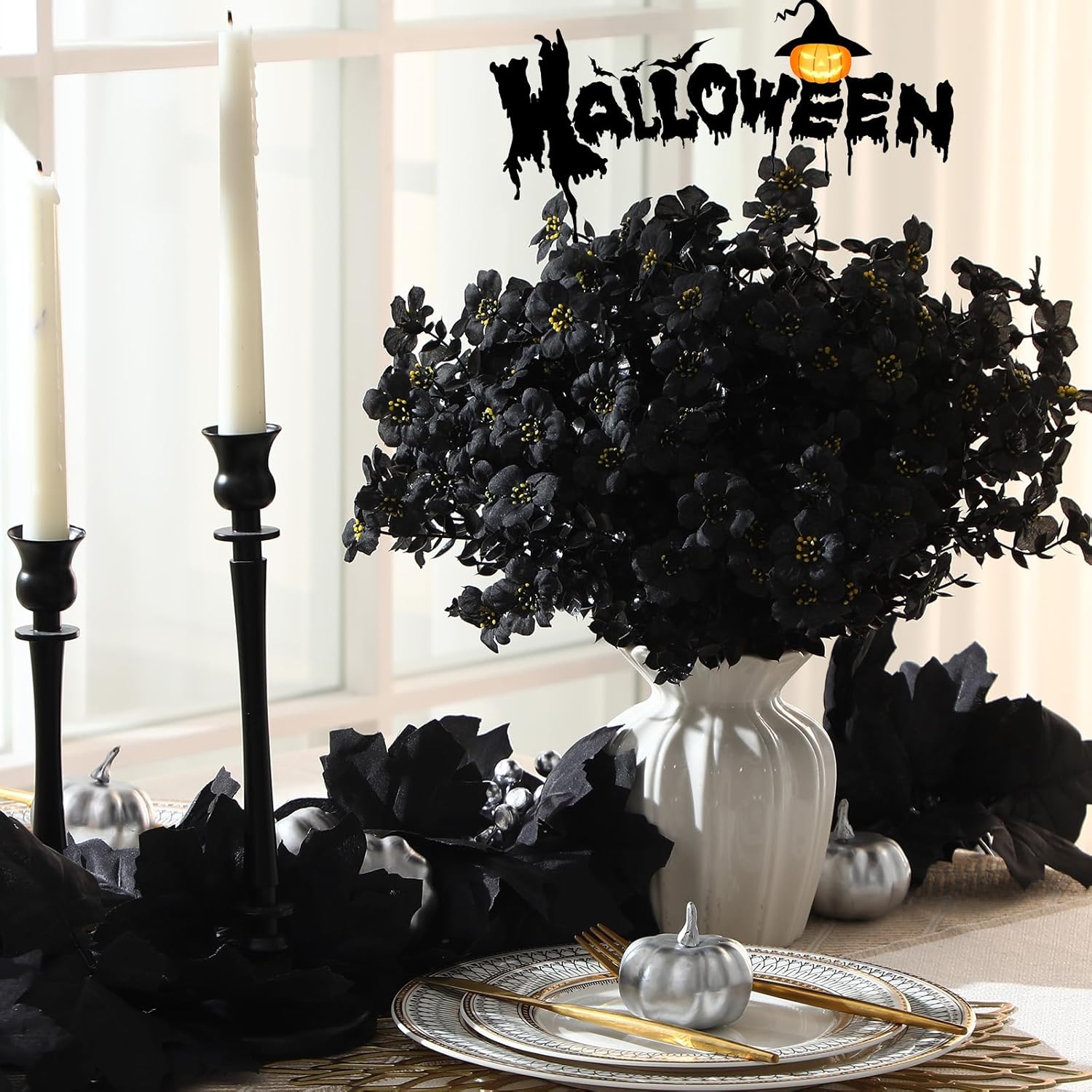 Giegxin 24 Bundles Halloween Artificial Flowers Outdoor Black Eucalyptus UV Resistant Outdoors Fake Plants Faux Plastic Flower for Hanging Planters Outside Porch Vase Home Window