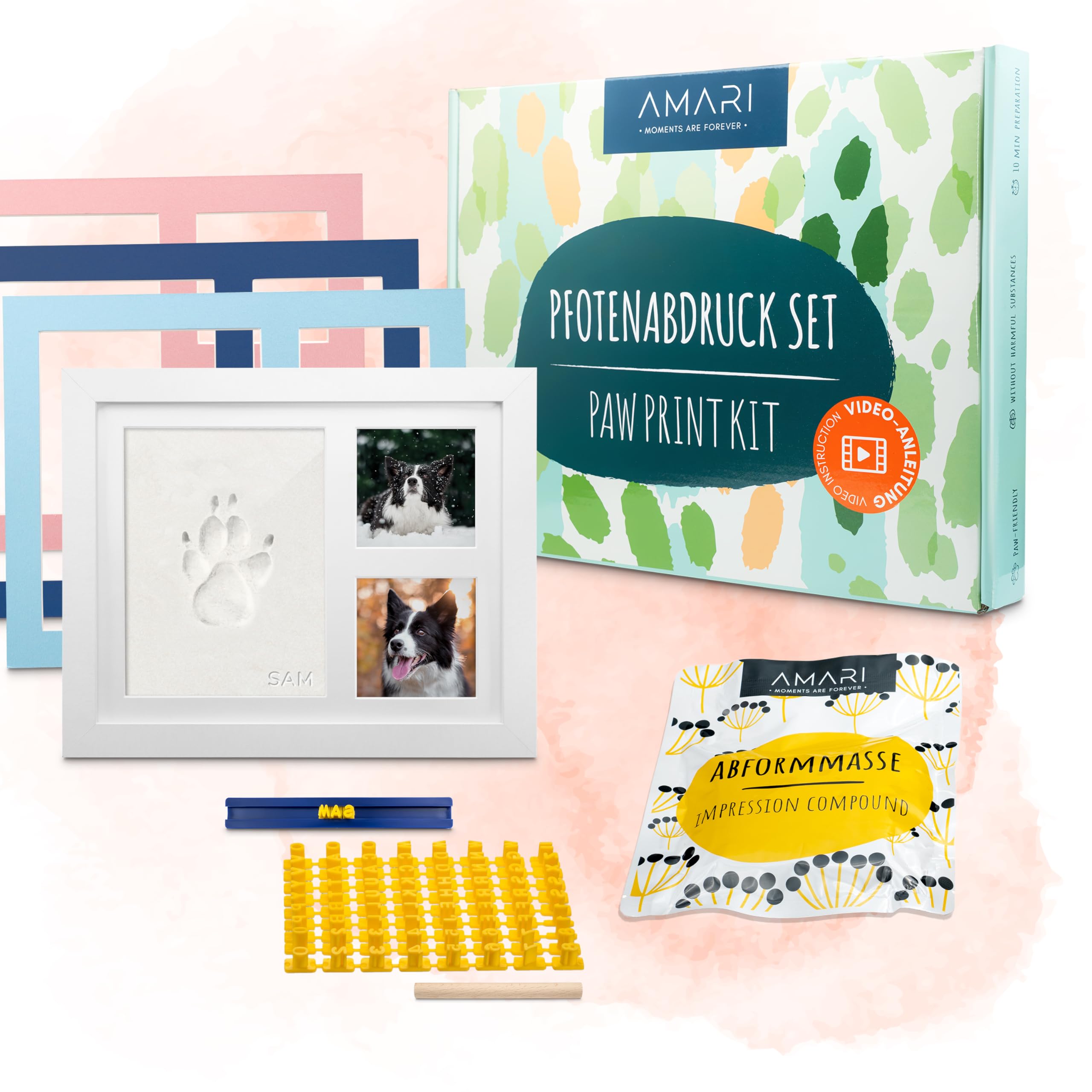Amari Mari ® Set di Impronte di Zampe – Set di Impronte per Animali con Lettere, Numeri e cornici – Set di Impronte di Zampe per Cani