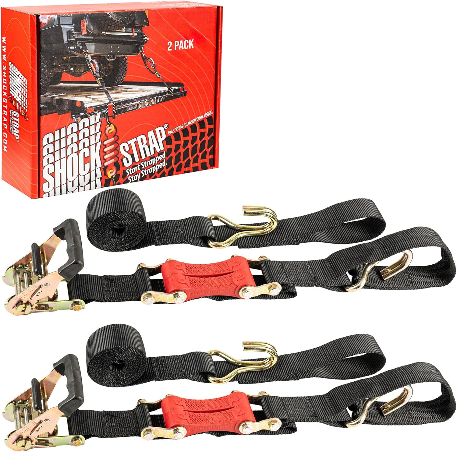 SHOCKSTRAP Ratchet Strap, 18’ x 2” Shock Absorbing Heavy Duty Tie downs for Cargo, 2,000 LB WLL / 6,000 LB Break Strength, 2-Pack