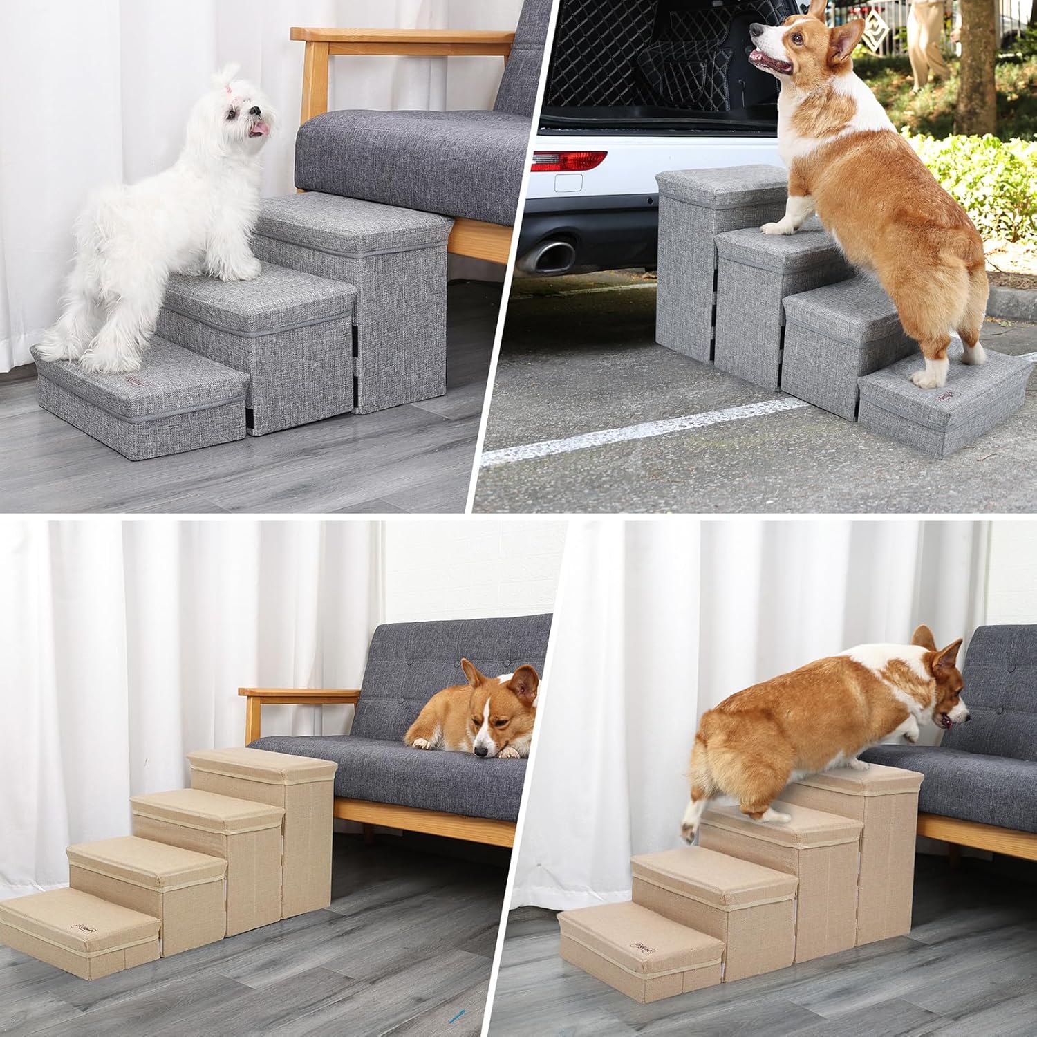 awakentti Dog Stairs for Small Dogs, 4-Step Dog Stairs for High Beds and Couch, Folding Pet Steps, for Small Dogs and Cats, and High Bed Climbing, Non-Slip Balanced Dog Indoor Step (Grey)