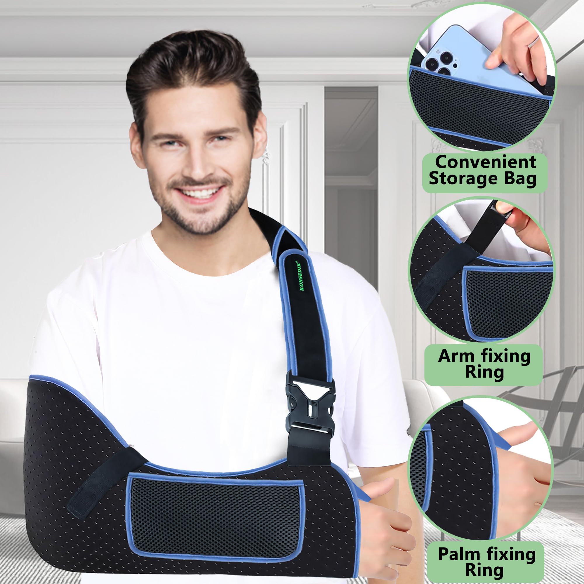 KONSEDIK Soporte de hombro para brazo, transpirable, acolchado con bolsillo y bucle para el pulgar, se adapta al brazo izquierdo y derecho, para puños rotadores, codo, muñeca y lesiones de clavícula