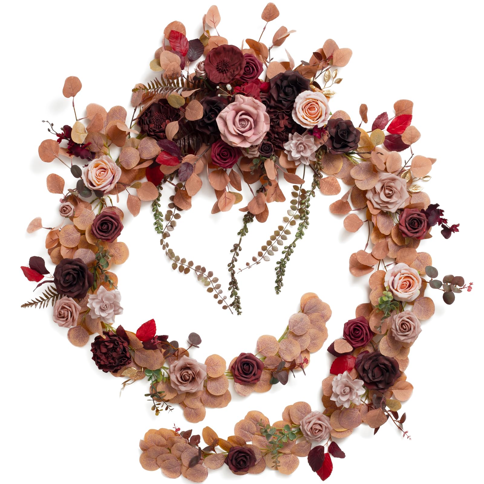 Photo 1 of Ling's moment 9FT Eucalyptus and Willow Leaf Garland with White Flower, Handcrafted Wedding Sweetheart Table Centerpieces Head Table Decor Arch Backdrop Decorations for Wedding | Burgundy & Dusty rose