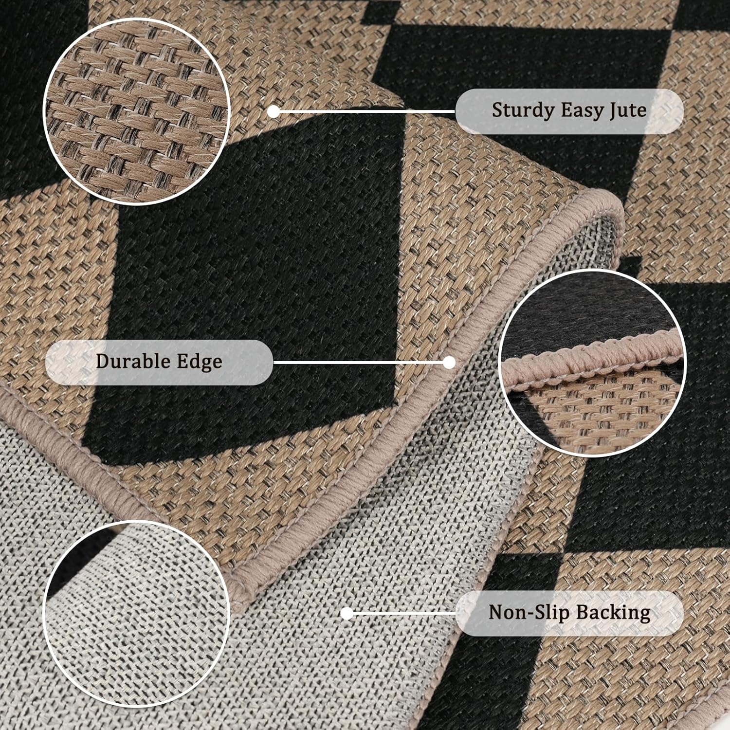 Easy Jute 2x3 Black Checkered Area Rug,Washable Entryway Rug,Small Modern Diamond Door Carpet,Neutral Non-Slip Outdoor Indoor Farmhouse Rug for Kitchen Patio Entry Porch