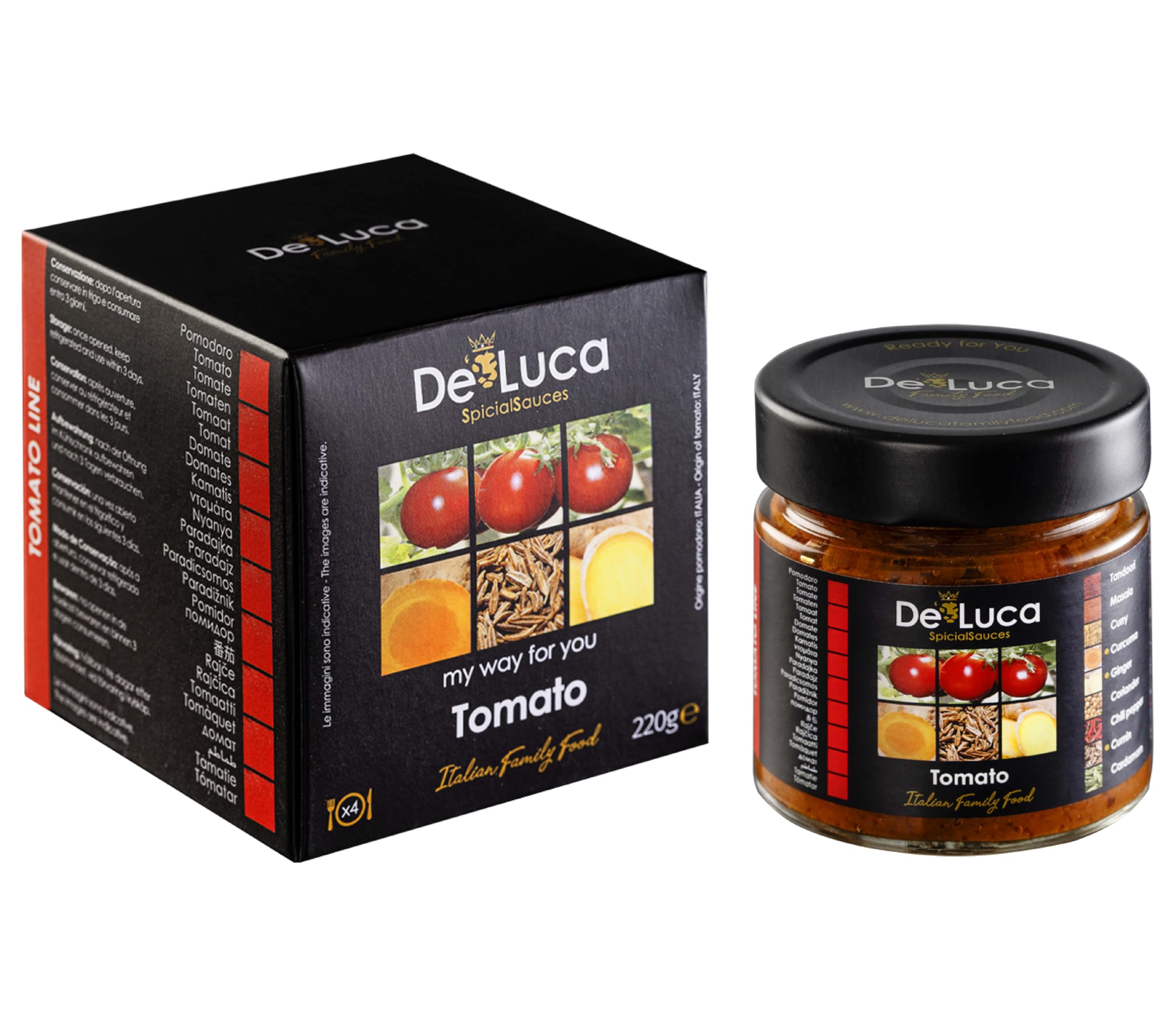 De Luca Family Food: 5 salsas Made in Italy, especiadas y listas para usar. Tomato 220gr, Tomato Tandoori 220gr, Olives Tomato 220gr, Zucchini 210gr, Mushrooms 210gr. Vegetarianos.