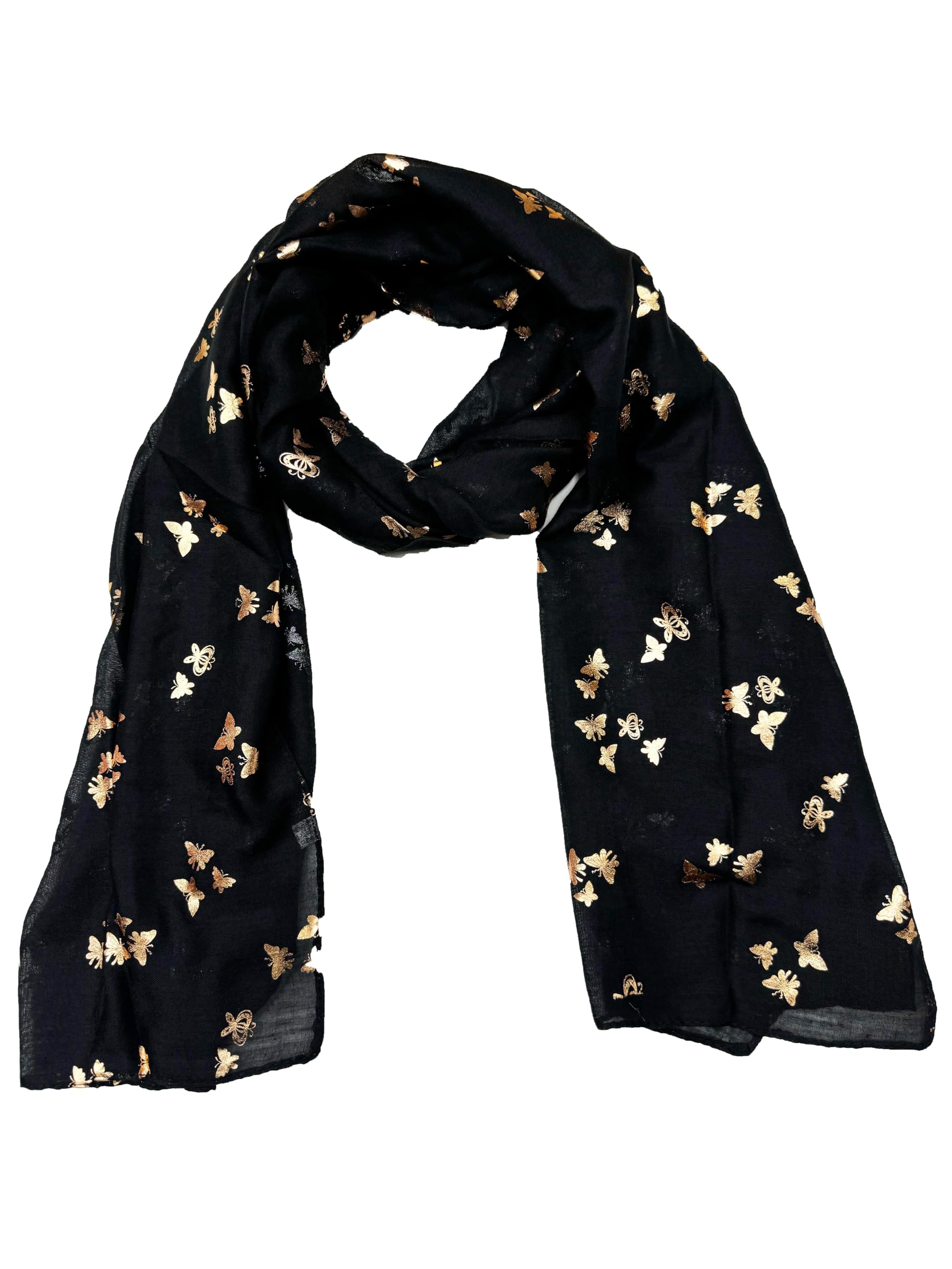 Zac's Alter Ego Women's Black / Gold Foil Metallic Glitter Tiny Butterflies Print Scarf