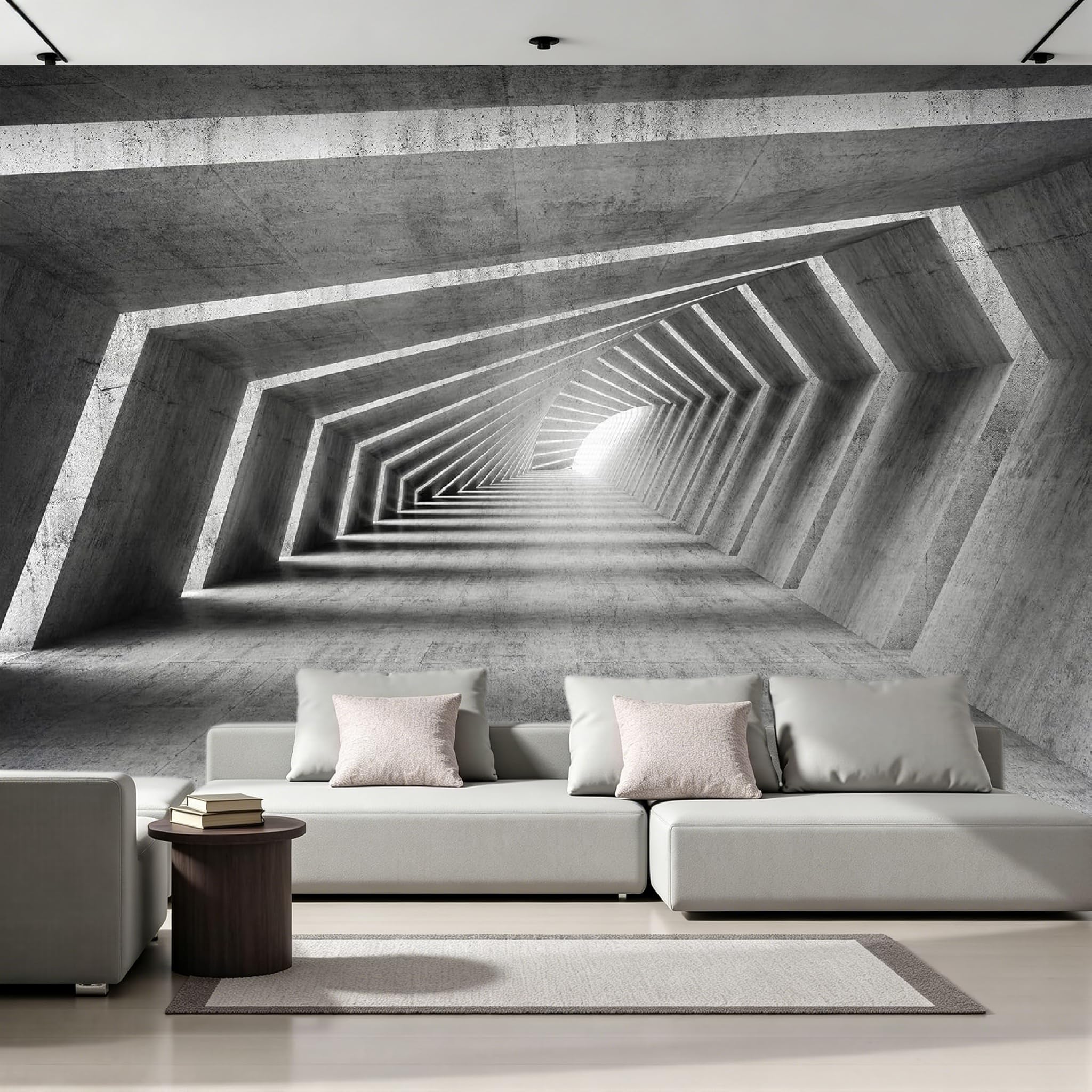 Papier peint panoramique pour illuminer un salon sombre avec un tunnel 3D