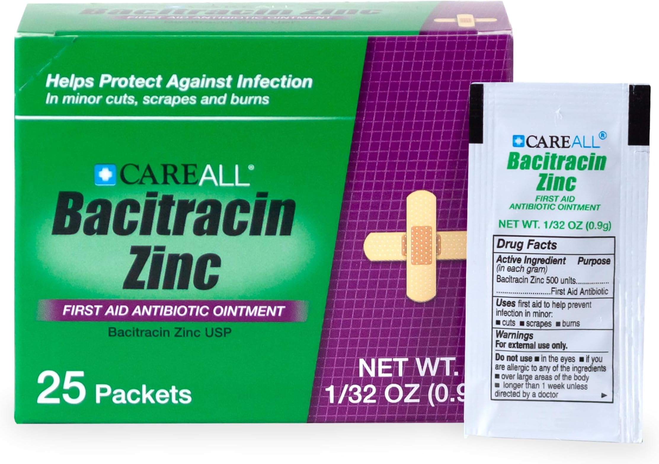 CareAll Bacitracin Antibiotic Zinc Ointment (25 Pack), 0.9gr Foil Packet. First Aid Ointment That Prevents Infections for Minor Cuts, Scrapes and Burns